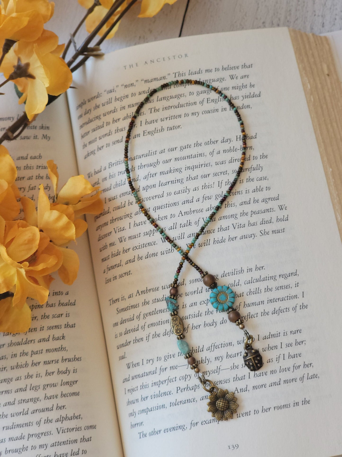 Beaded Bookmark with Blue Sunflower Bead and Ladybug Charm