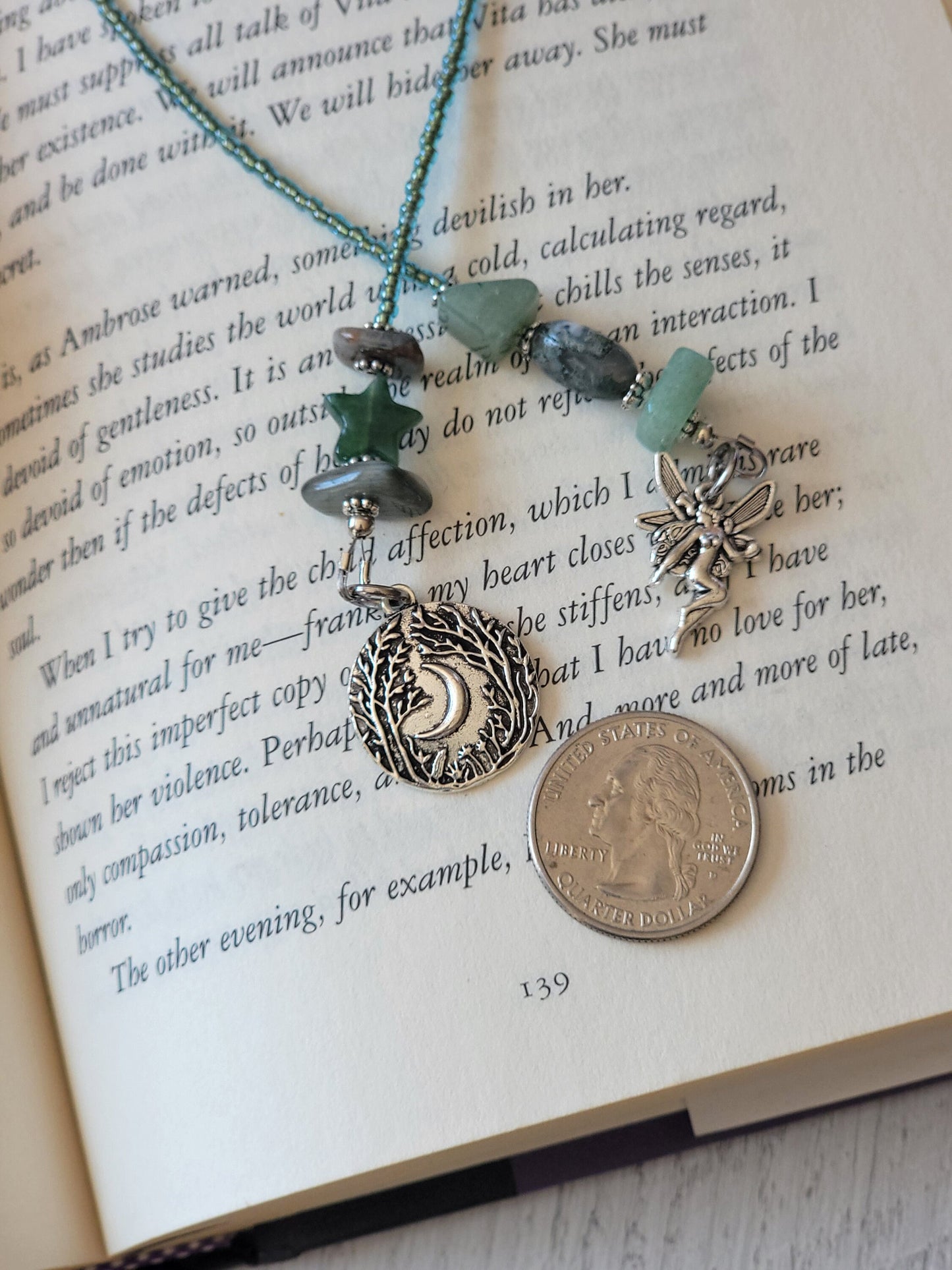 Fairy Bookmark with Moss Agate and Chrysoberyl - for a Magical Reading Experience