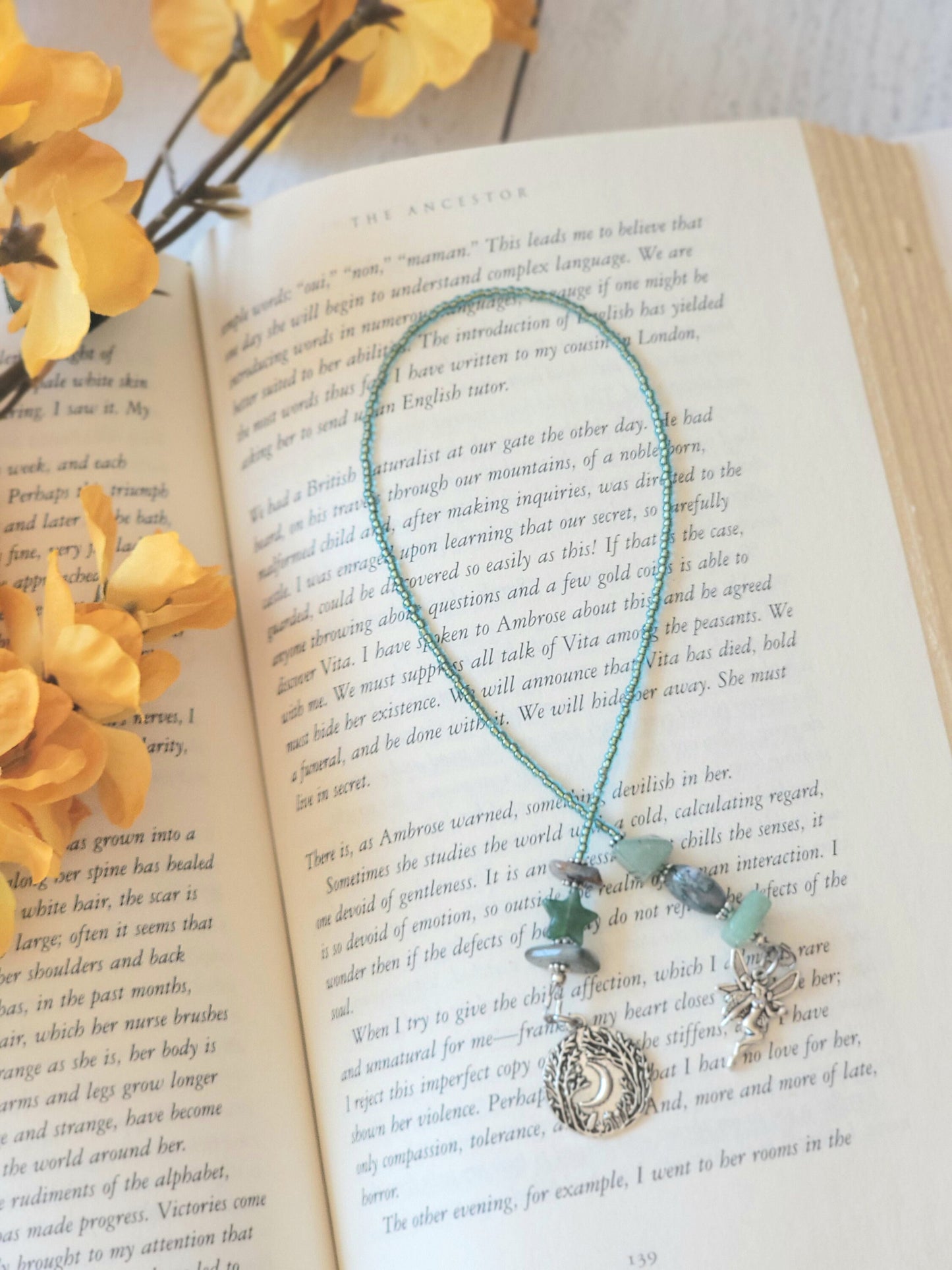 Fairy Bookmark with Moss Agate and Chrysoberyl - for a Magical Reading Experience