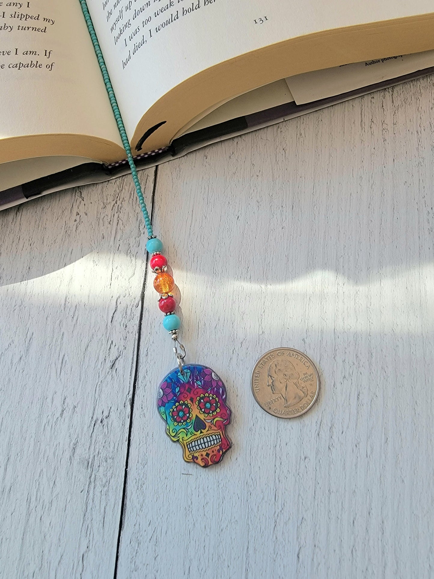 Boho Style Beaded Bookmark with Colorful Sugar Skull Charm - Unique Book Accessory, Gift for Her