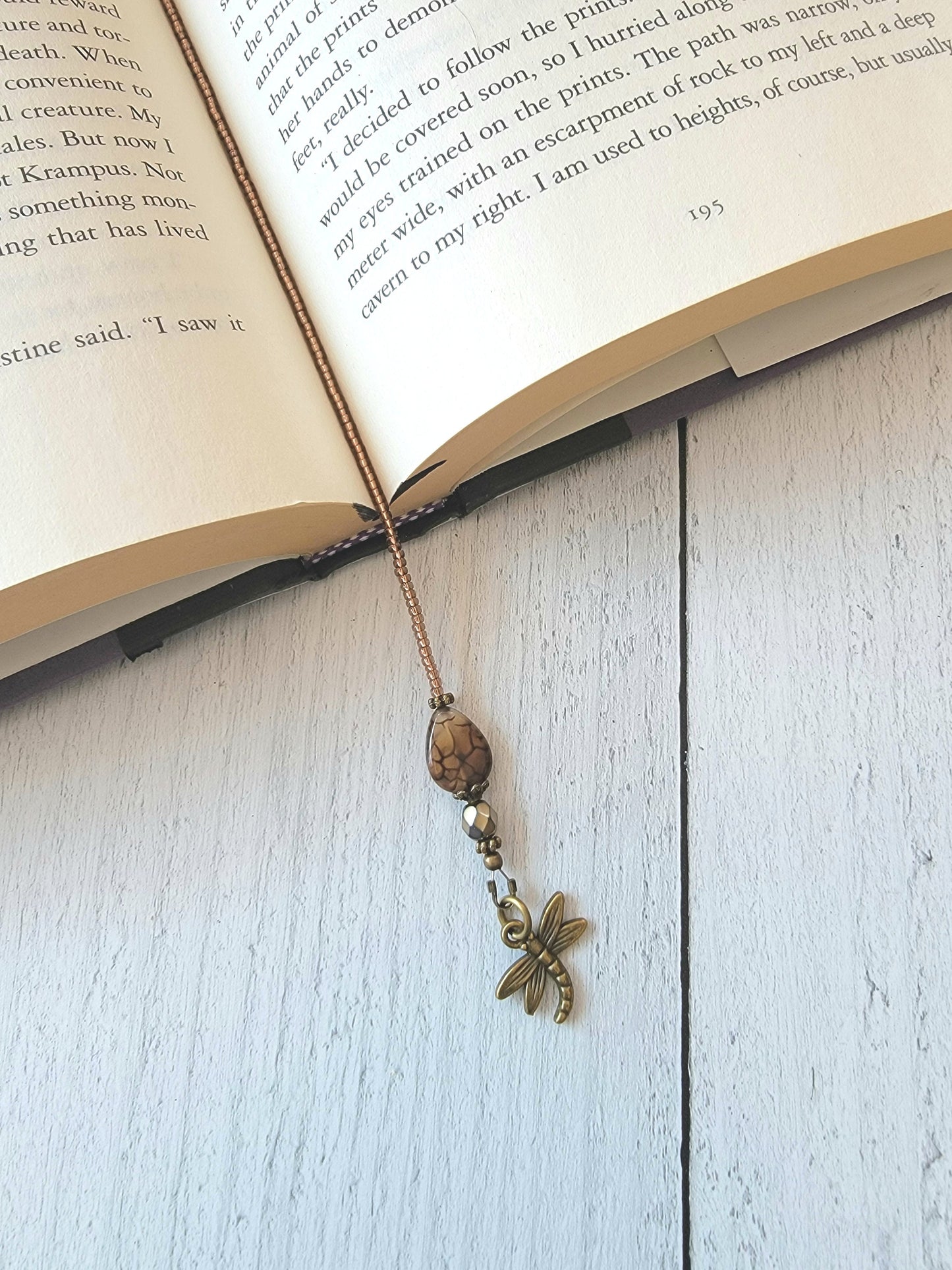 Dragonfly and Flower Bookmark, Made with Unique Dragon Vein Stone Bead