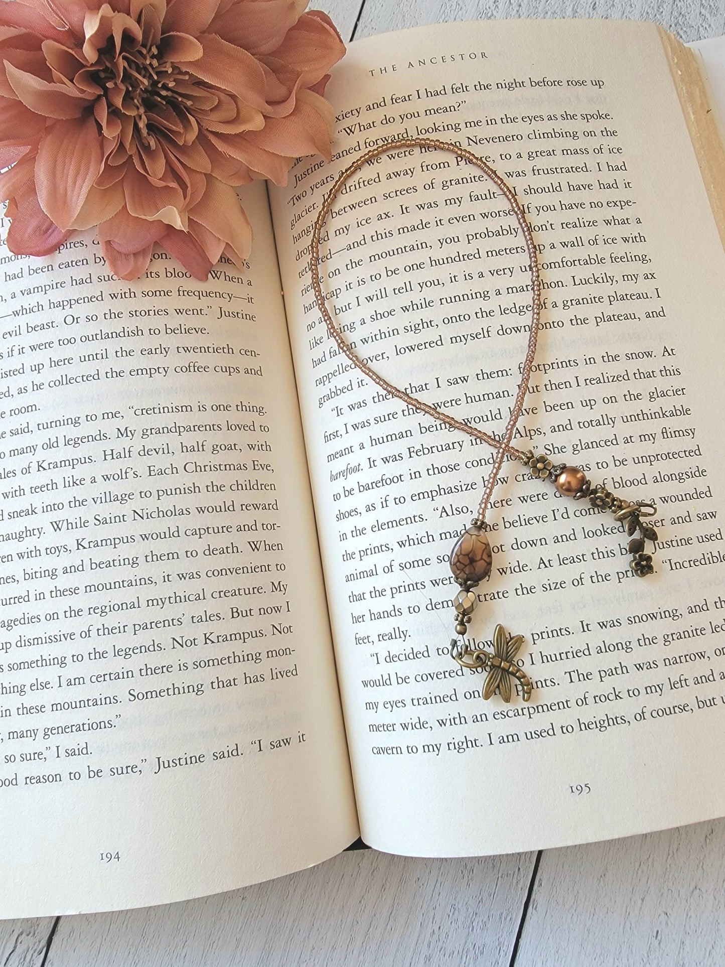 Dragonfly and Flower Bookmark, Made with Unique Dragon Vein Stone Bead