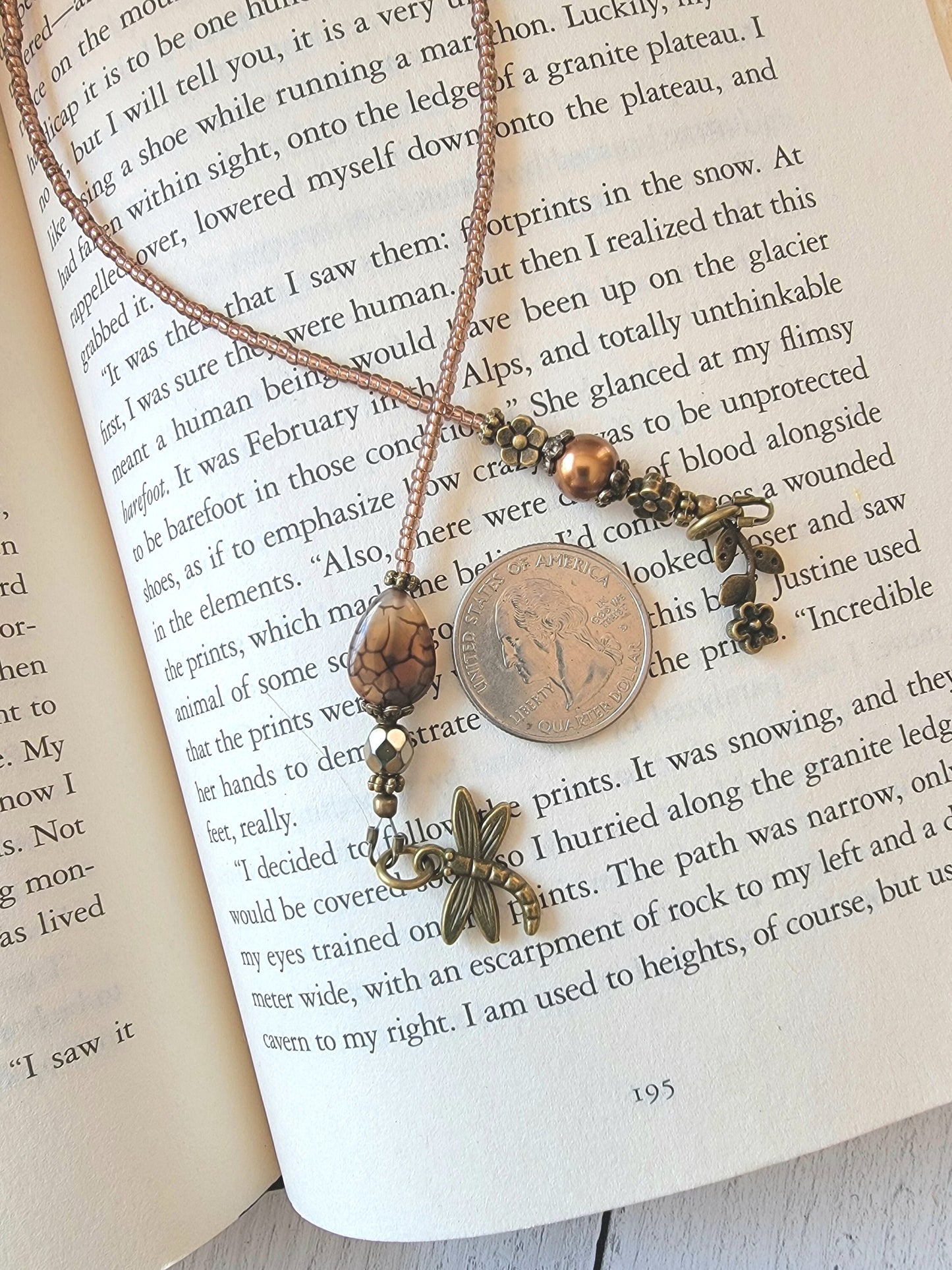 Dragonfly and Flower Bookmark, Made with Unique Dragon Vein Stone Bead