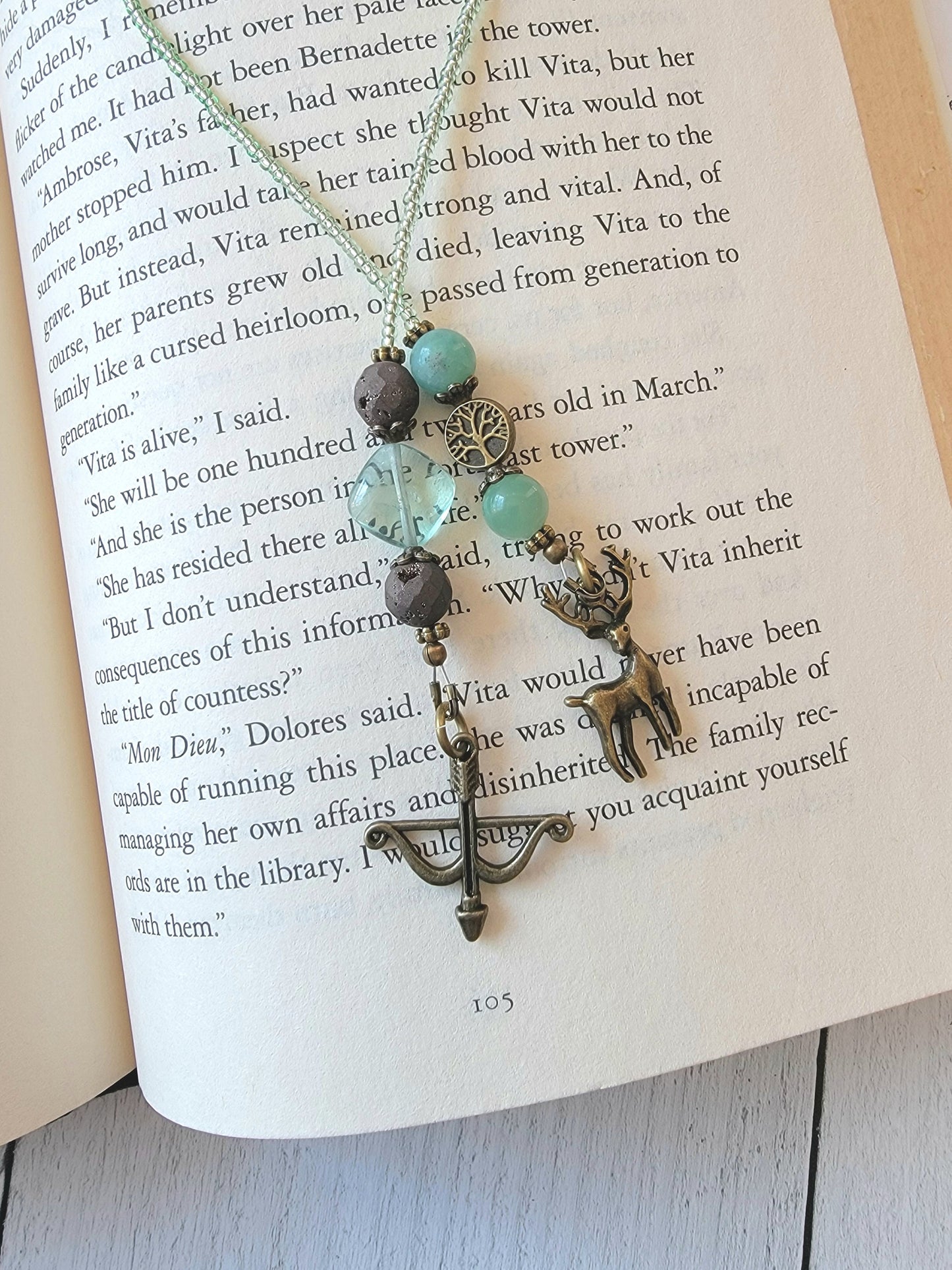 Goddess of the Hunt Beaded Bookmark - Archery Bow and Deer Charms