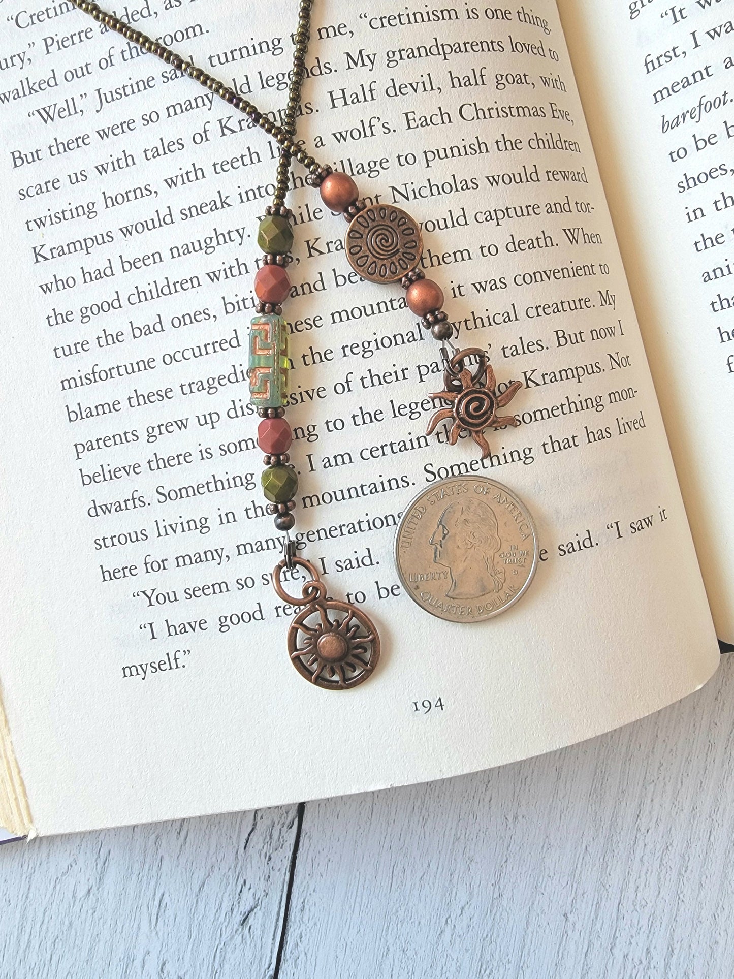 Aztec Style Sun Theme Beaded Bookmark, Copper Plated Reader Gift
