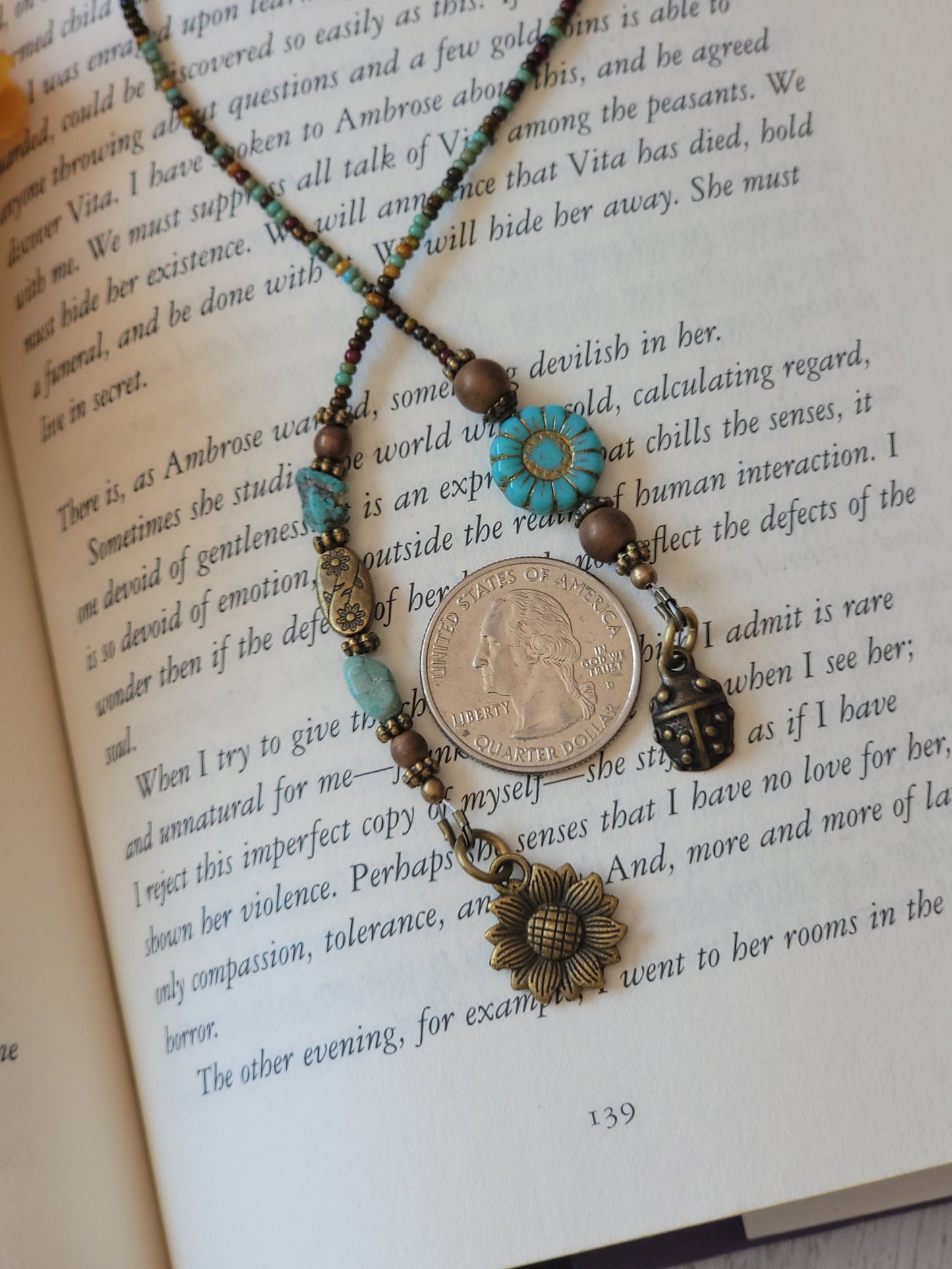 Beaded Bookmark with Blue Sunflower Bead and Ladybug Charm