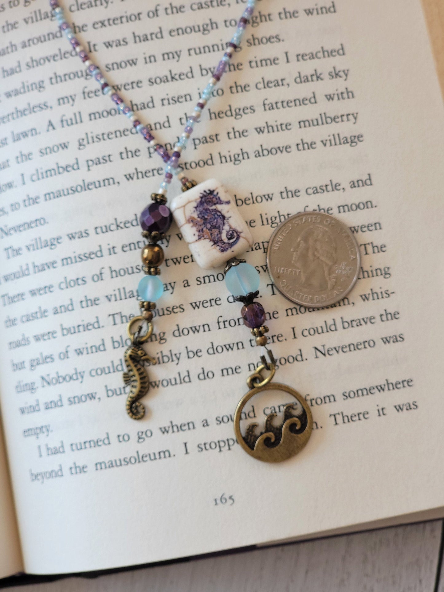 Beach Lover Reading Accessory, Beaded Bookmark with Seahorse Theme