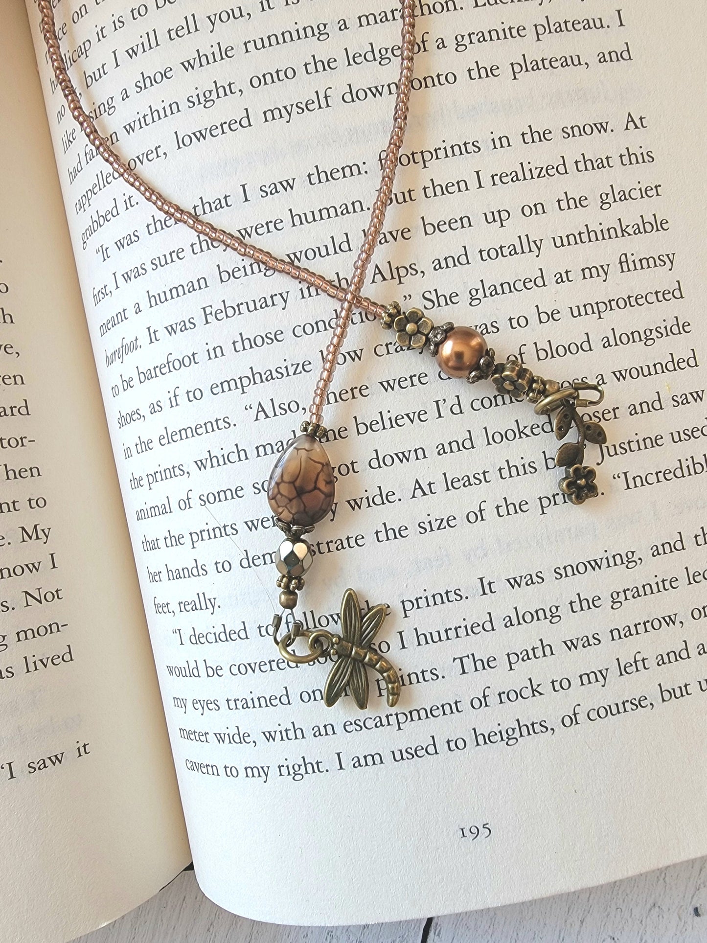 Dragonfly and Flower Bookmark, Made with Unique Dragon Vein Stone Bead