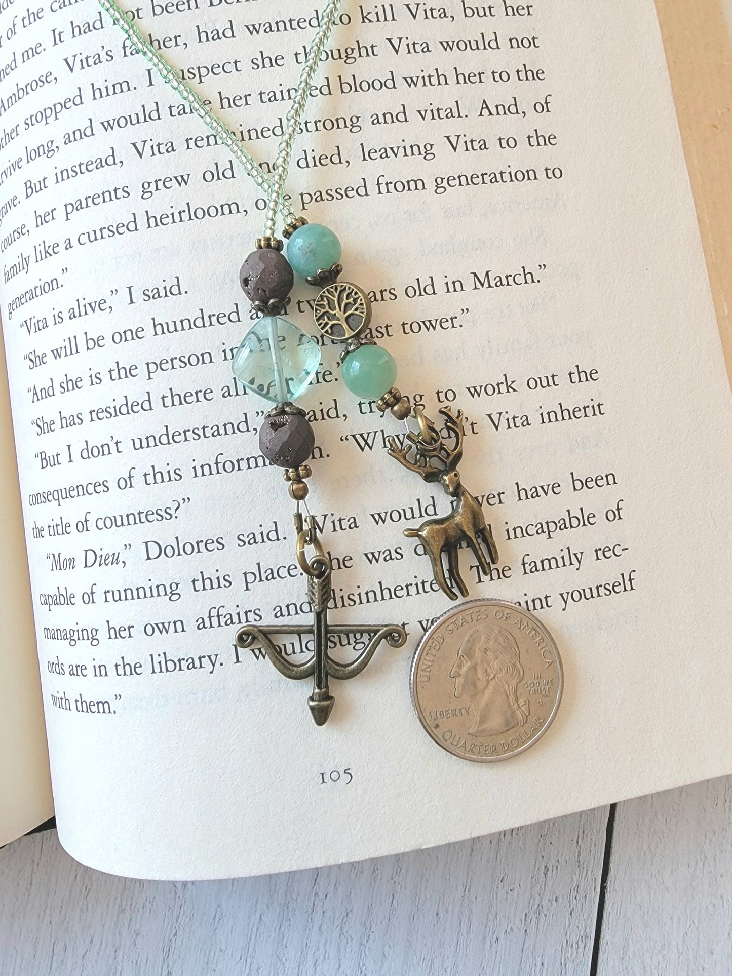 Goddess of the Hunt Beaded Bookmark - Archery Bow and Deer Charms