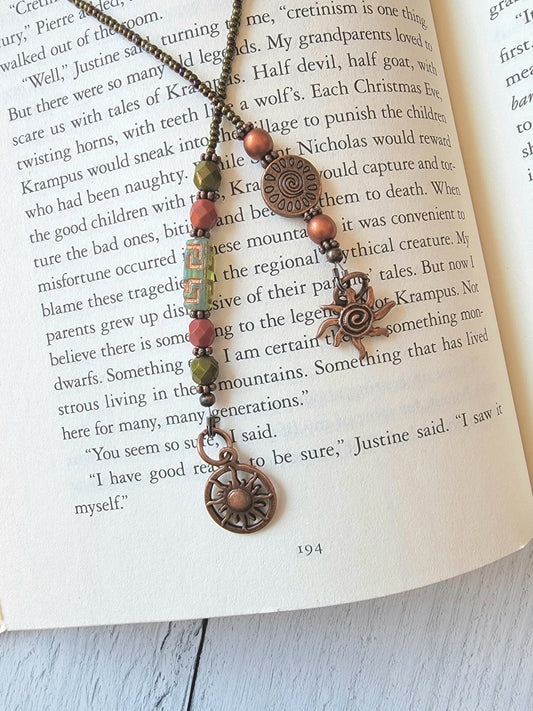 Aztec Style Sun Theme Beaded Bookmark, Copper Plated Reader Gift