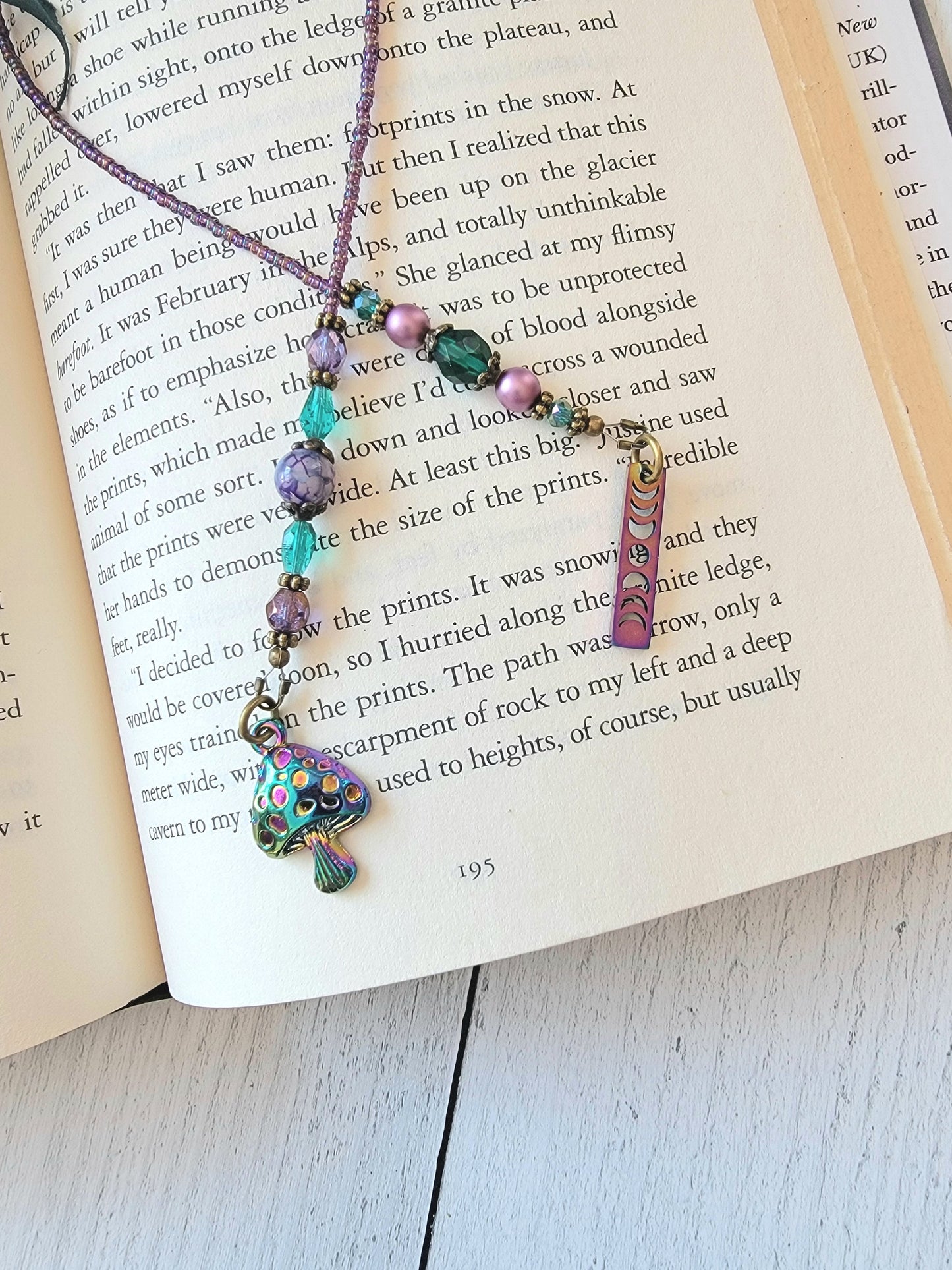 Psychedelic Bookmark, Moon Phase and Mushroom Charms