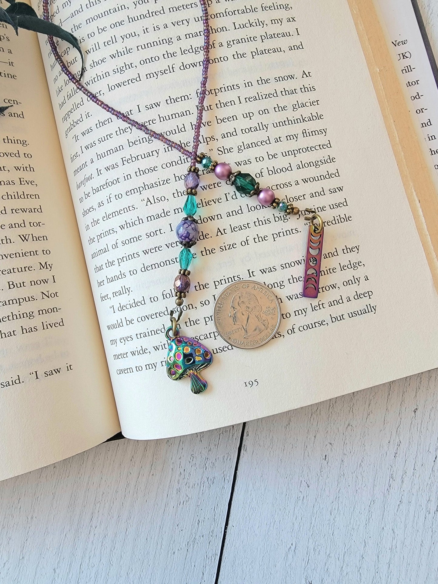 Psychedelic Bookmark, Moon Phase and Mushroom Charms