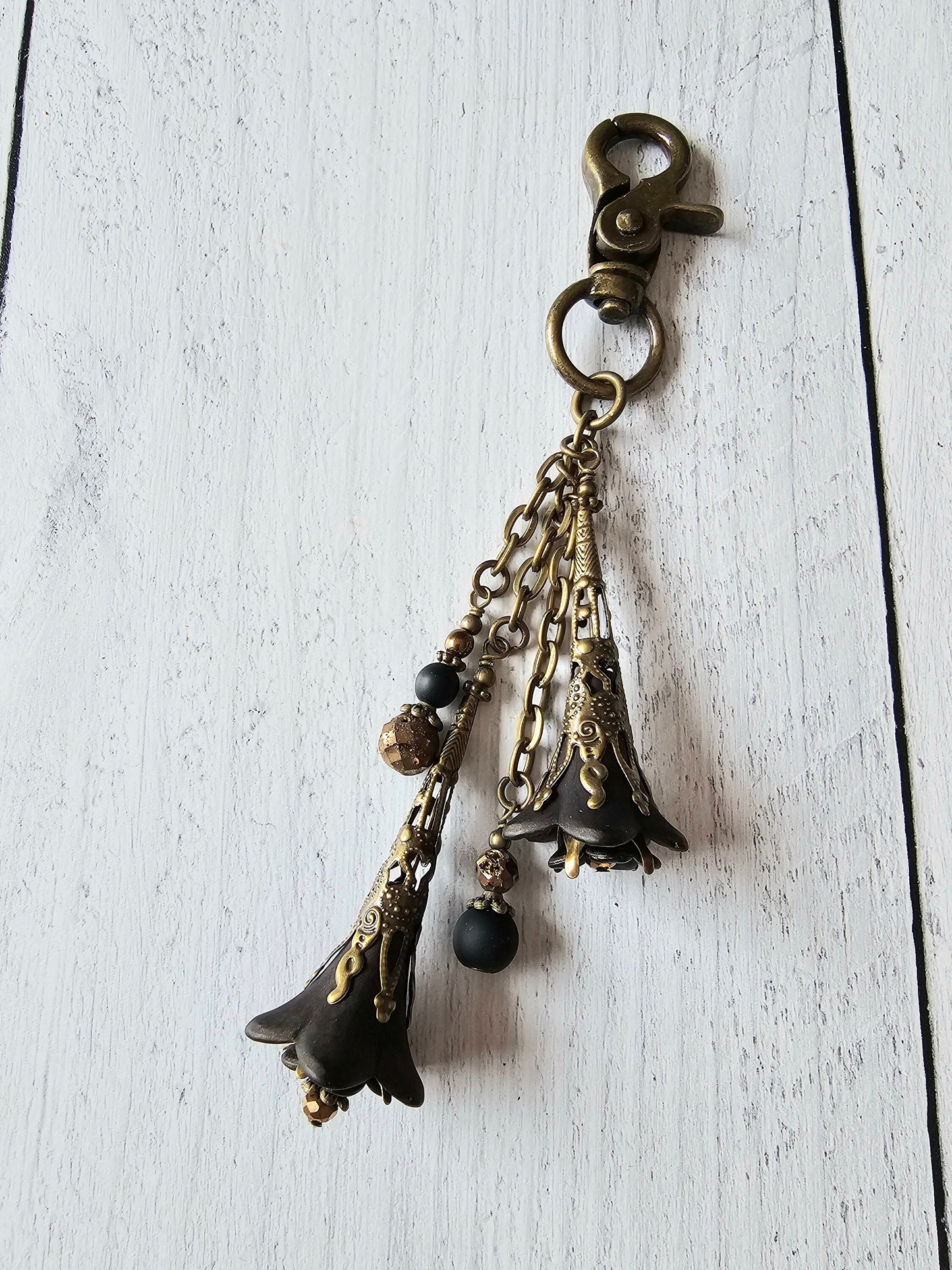 Flower Bag Charm, Vintage Style Purse Zipper Pull, Striking and Elegant Hand Detailed Floral and Beaded Bag Accessory