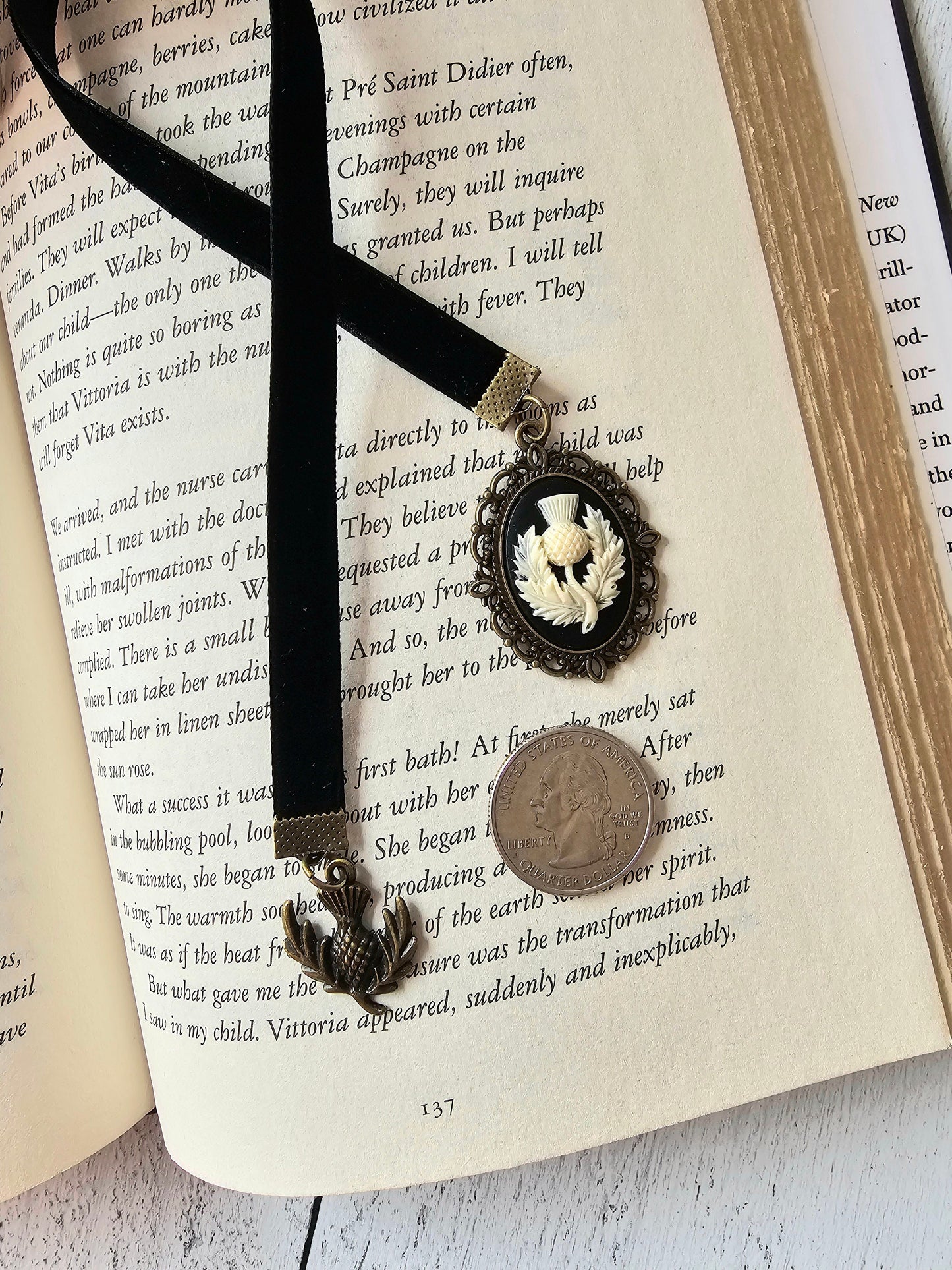 Scottish Thistle Velvet Bookmark in Bronze, Vintage Style Cameo Bookmark Gift for Her