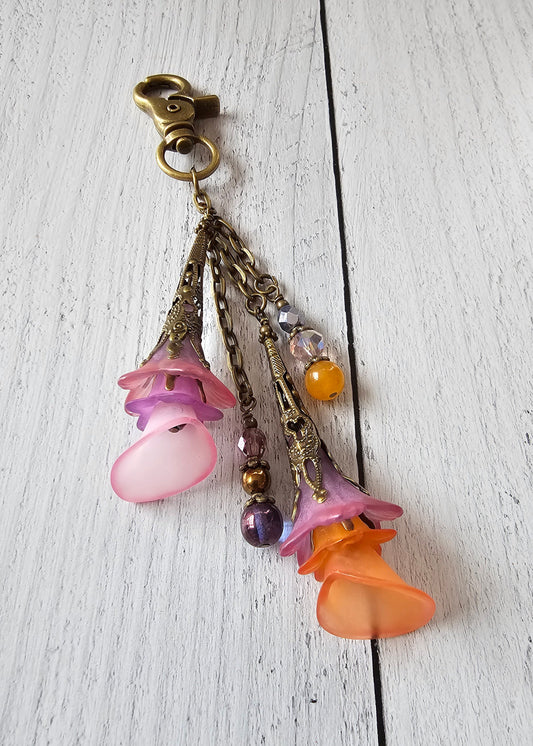 Flower Bag Charm, Vintage Style Purse Zipper Pull, Hand Detailed Floral and Beaded Bag Accessory