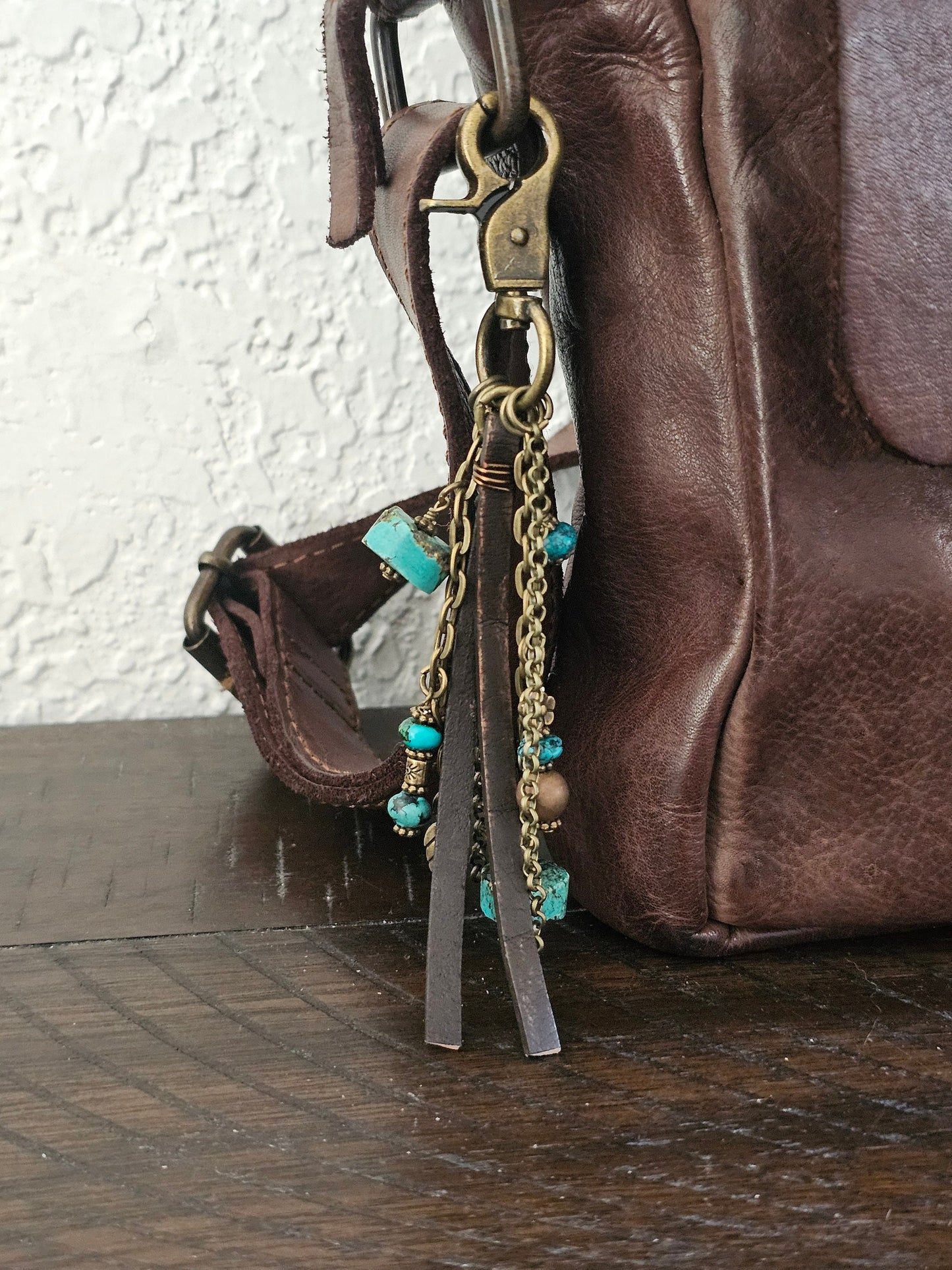 Leather Tassel Bag Charm Featuring Genuine Turquoise Heishi Beads and Beaded Charms