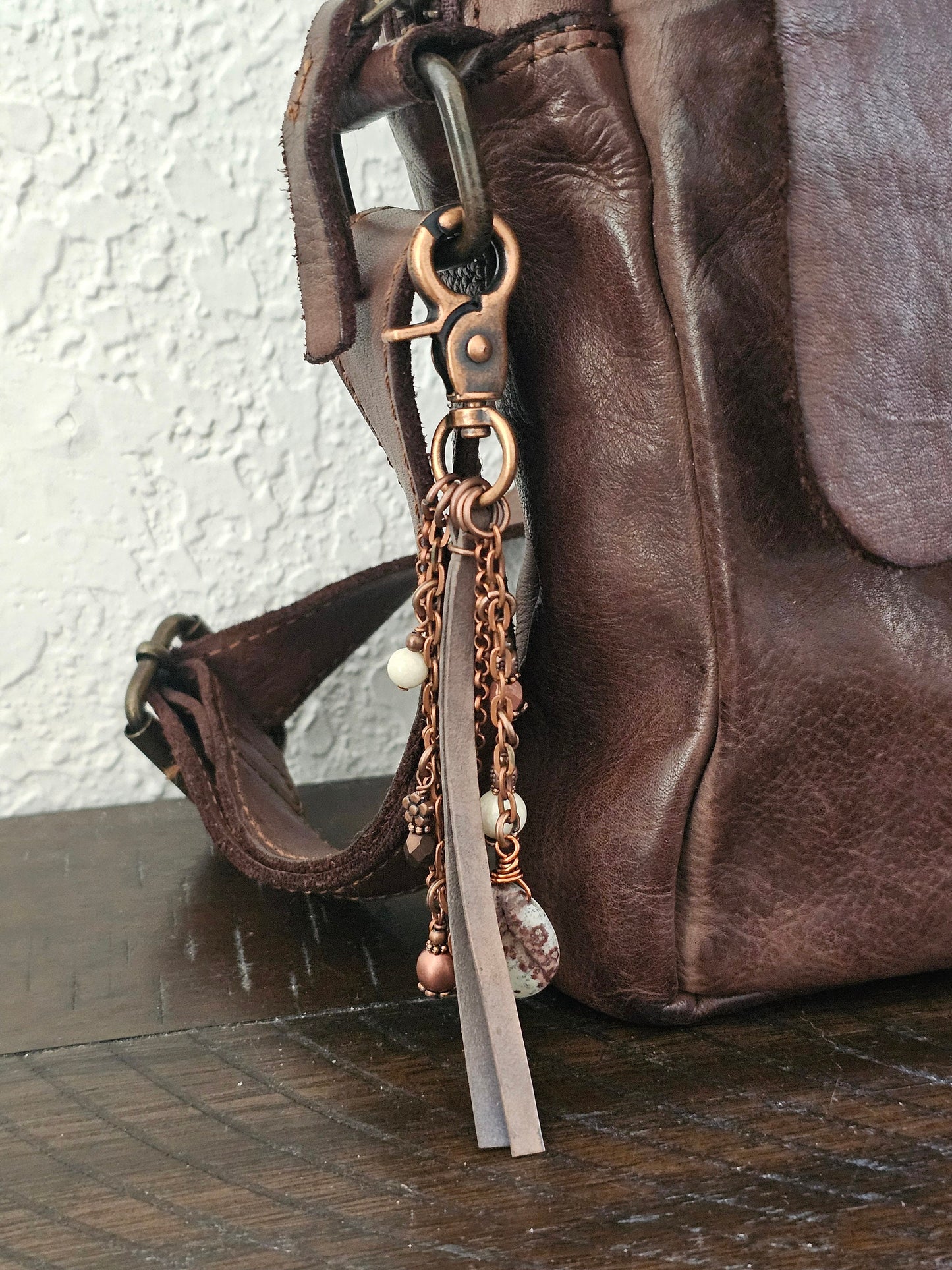 Leather and Copper Plated Tassel Bag Charm Featuring Unique Wild Horse Stone Beads and Beaded Charms