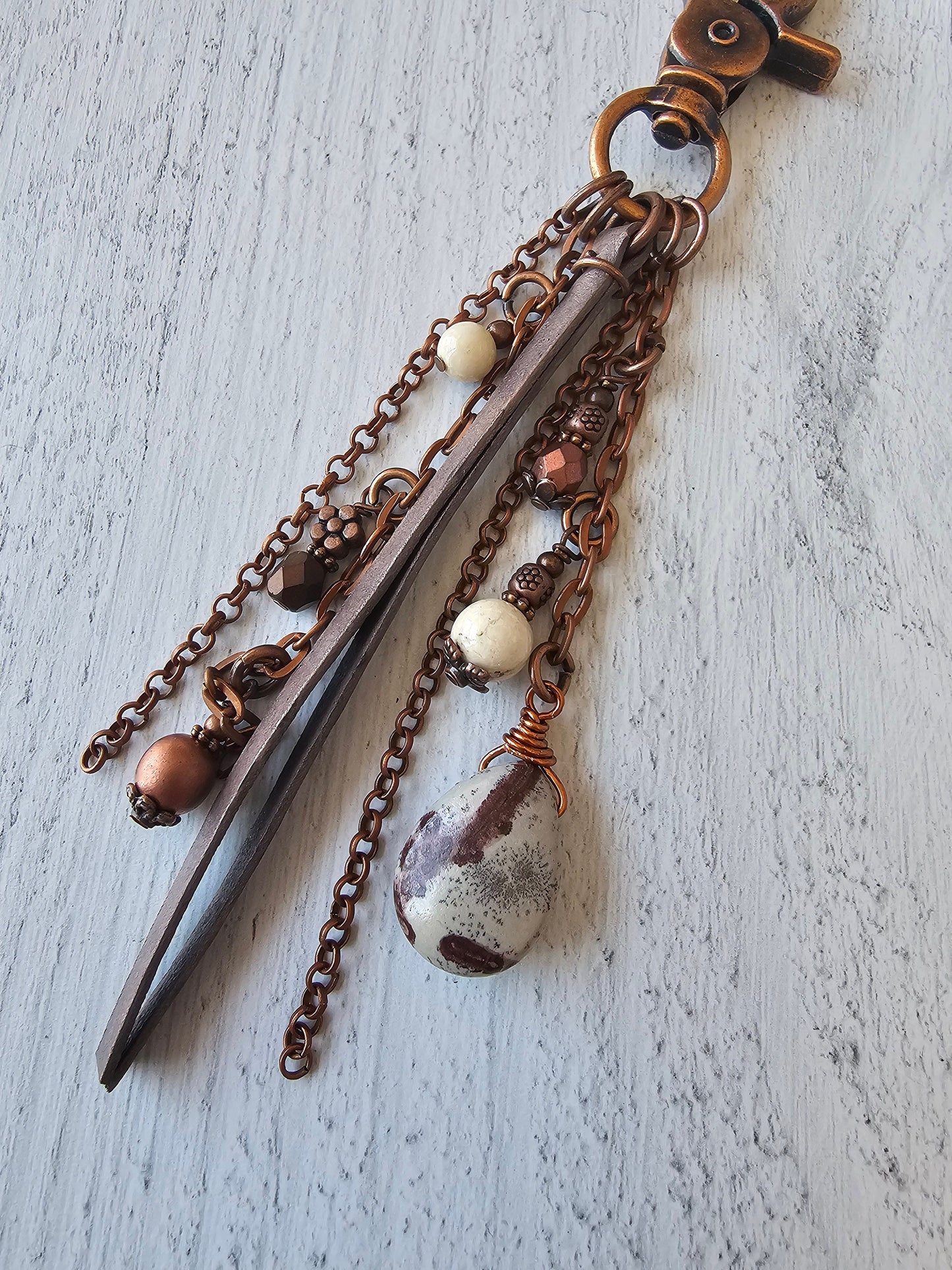 Leather and Copper Plated Tassel Bag Charm Featuring Unique Wild Horse Stone Beads and Beaded Charms