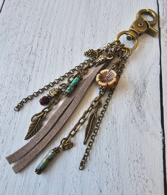 Leather Tassel Bag Charm With African Faux Turquoise Jasper and Czech Beaded Charms