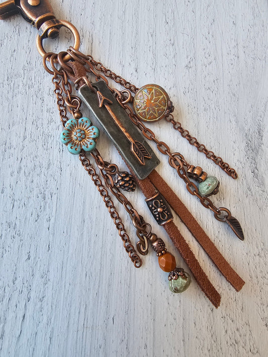 Leather and Copper Plated Tassel Bag Charm With Beaded Charms and Arrow Charm