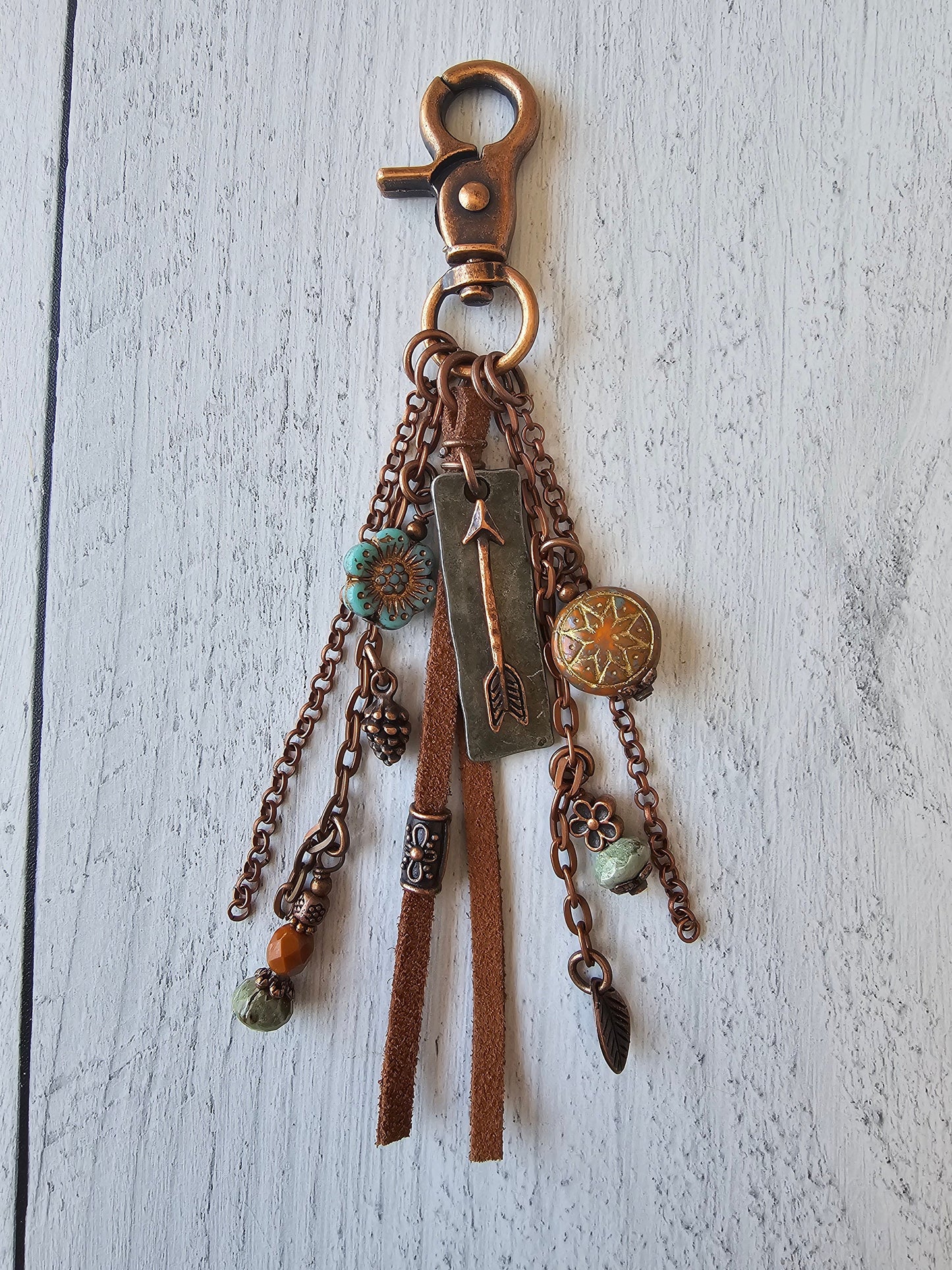 Leather and Copper Plated Tassel Bag Charm With Beaded Charms and Arrow Charm