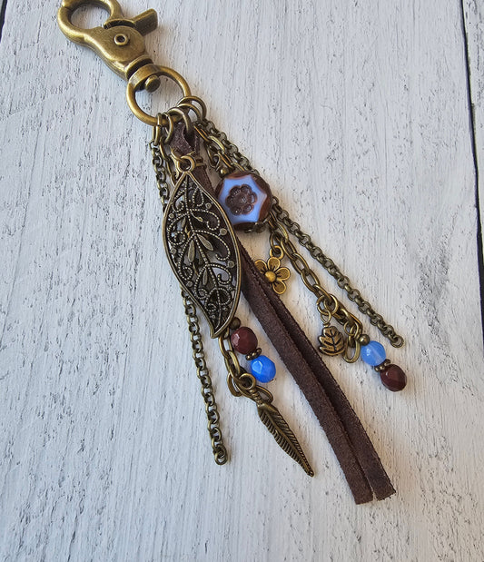 Leather Tassel Bag Charm Featuring Czech Boho Style Flower and Beaded Charms