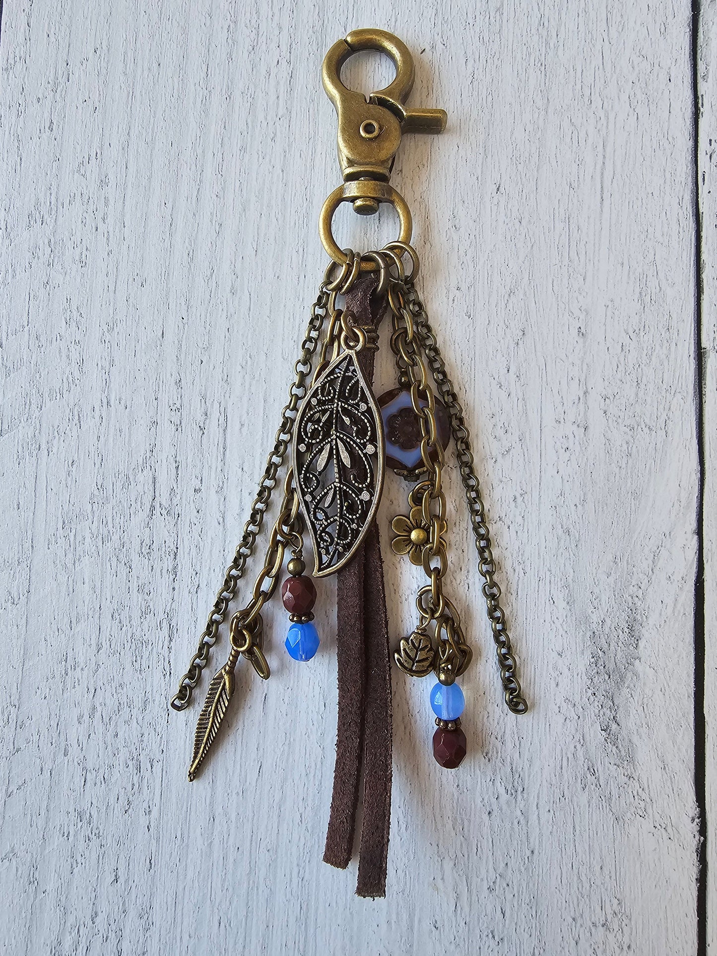 Leather Tassel Bag Charm Featuring Czech Boho Style Flower and Beaded Charms