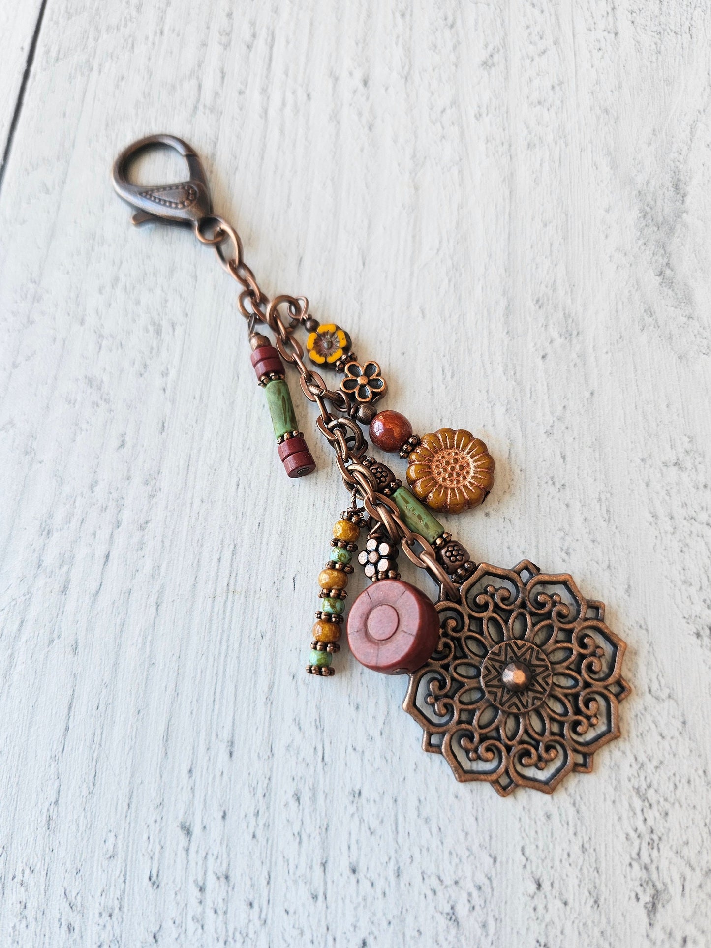 Boho Style Beaded Bag Charm Zipper Pull With Flower Theme