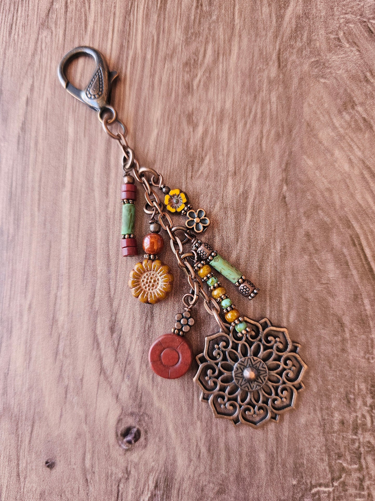 Boho Style Beaded Bag Charm Zipper Pull With Flower Theme