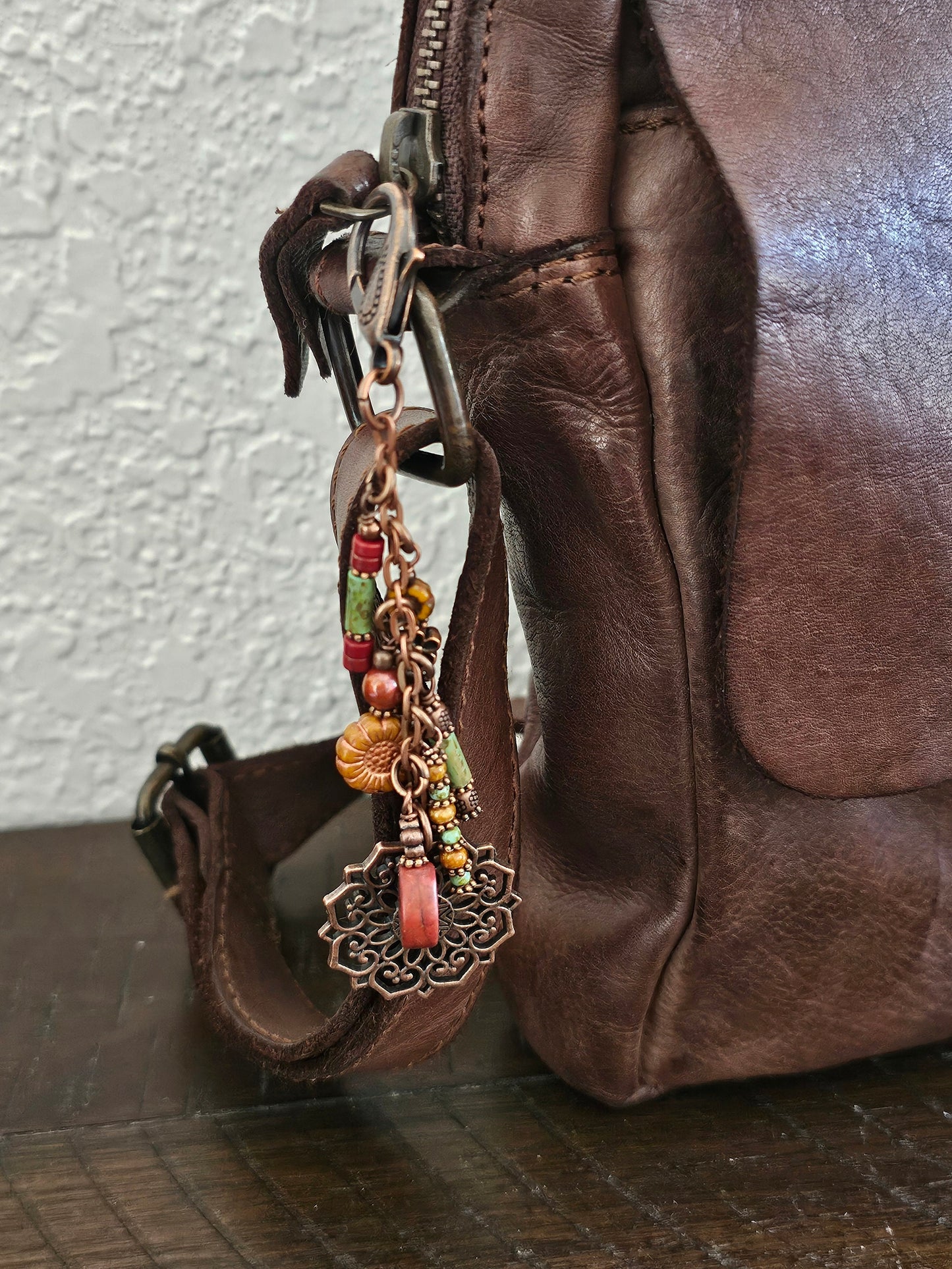 Boho Style Beaded Bag Charm Zipper Pull With Flower Theme