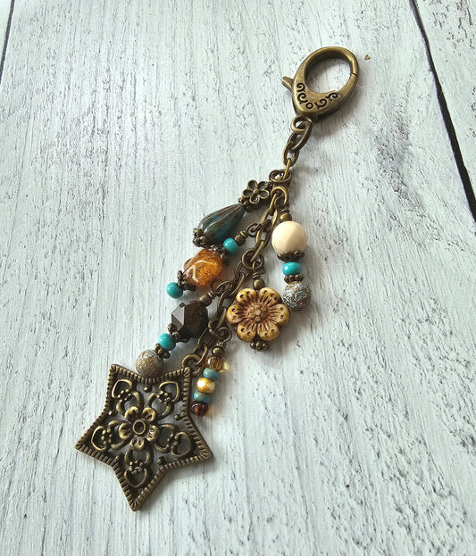 Boho Style Beaded Bag Charm Zipper Pull With Star Flower Charm