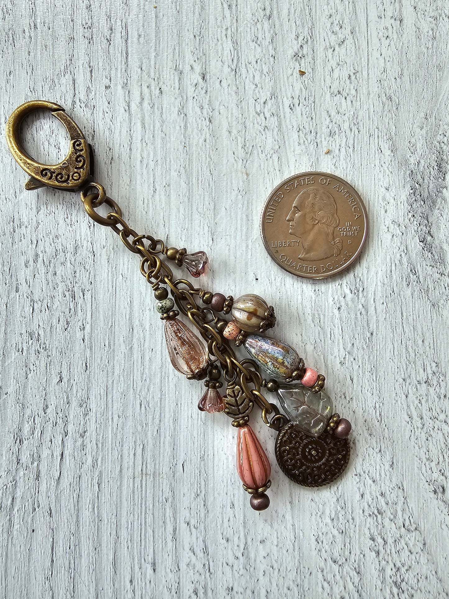 Boho Style Beaded Bag Charm Zipper Pull With Bronze Plated Charm in Rose and Green