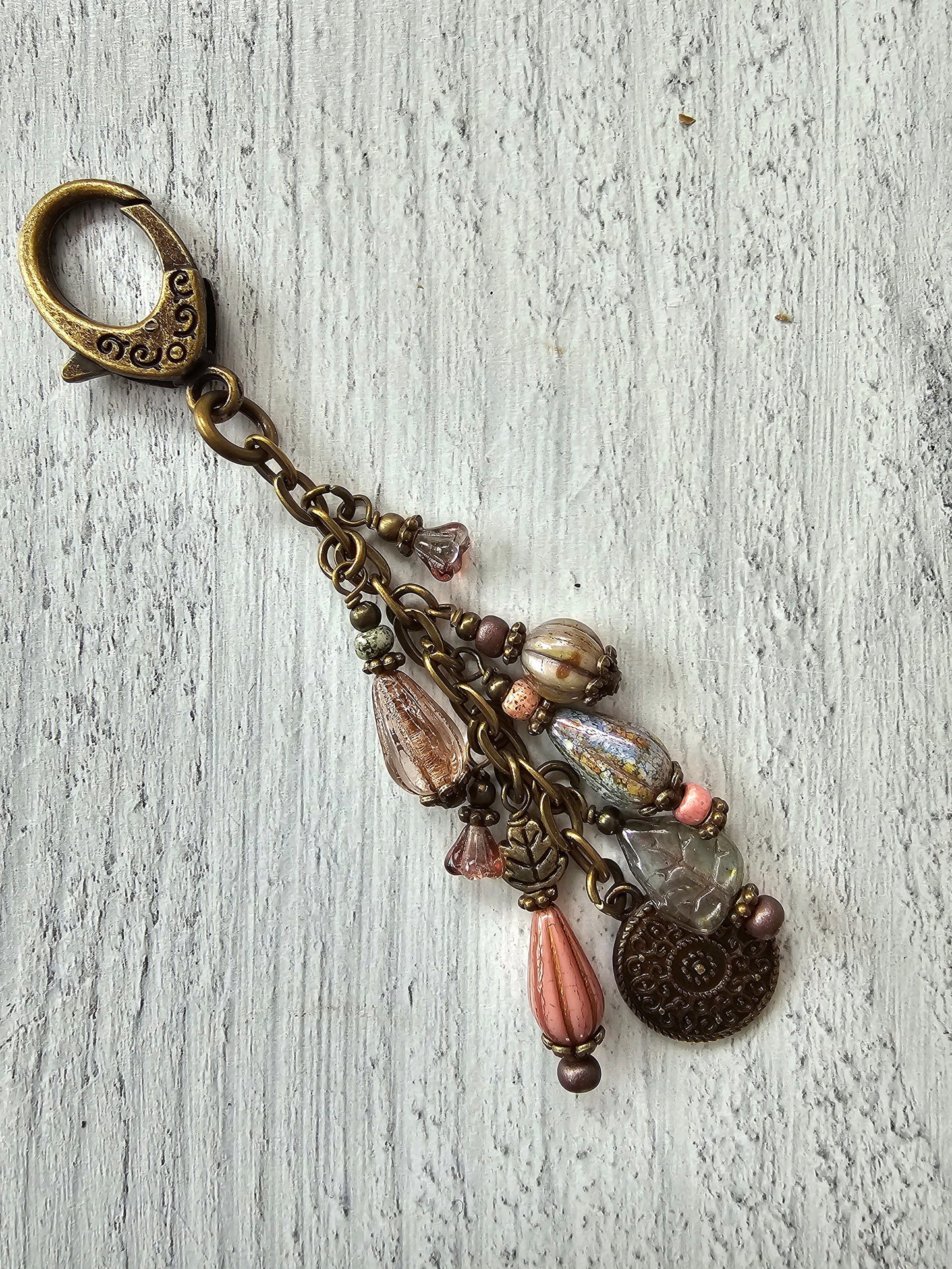 Boho Style Beaded Bag Charm Zipper Pull With Bronze Plated Charm in Rose and Green