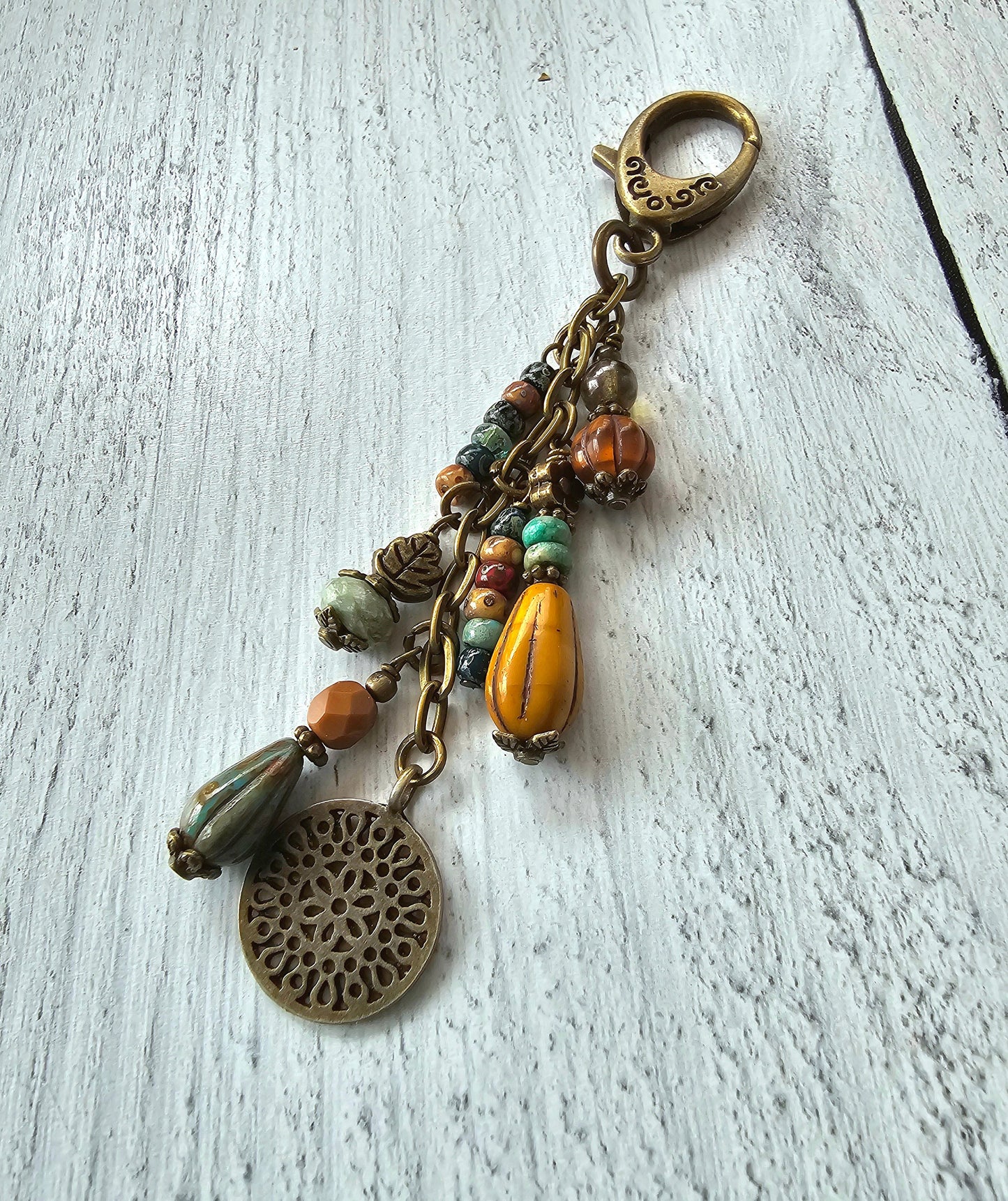 Boho Style Beaded Bag Charm Zipper Pull With Bronze Plated Flower Charm