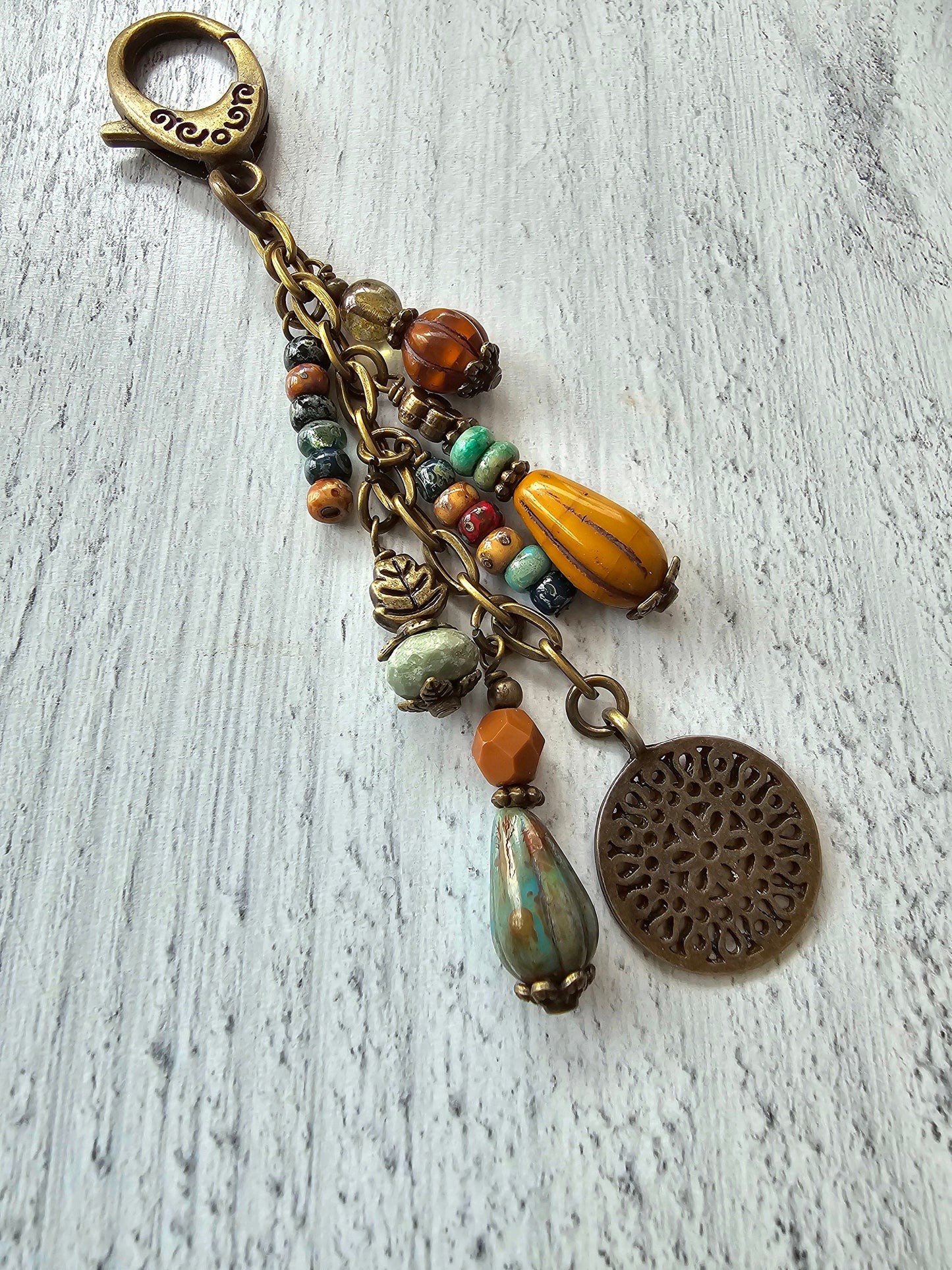 Boho Style Beaded Bag Charm Zipper Pull With Bronze Plated Flower Charm