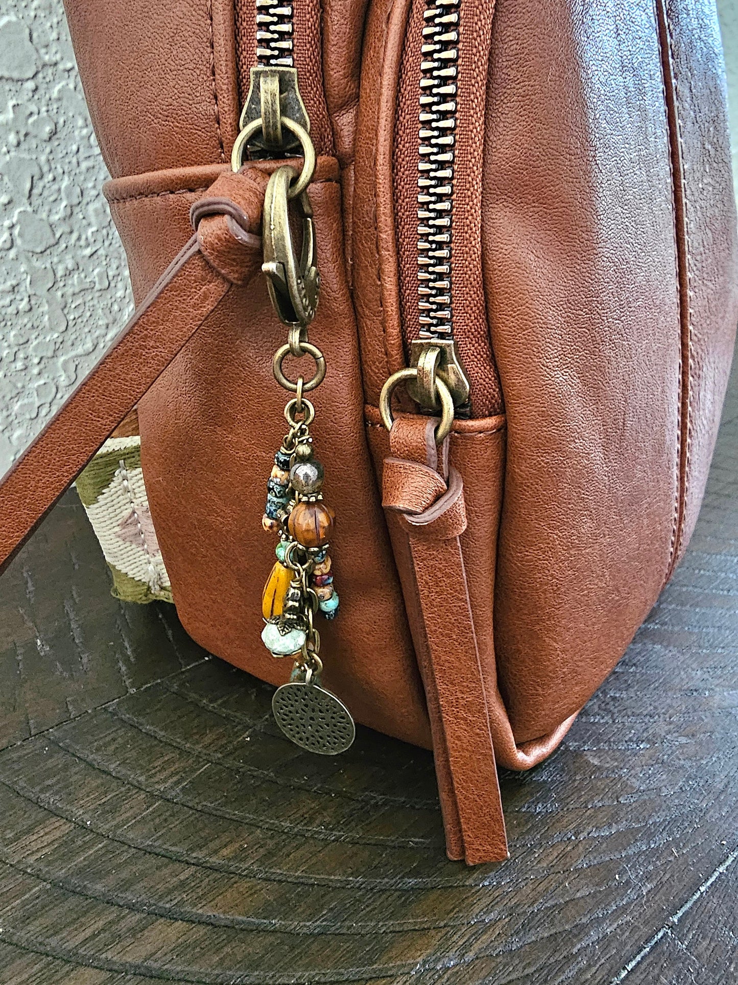 Boho Style Beaded Bag Charm Zipper Pull With Bronze Plated Flower Charm