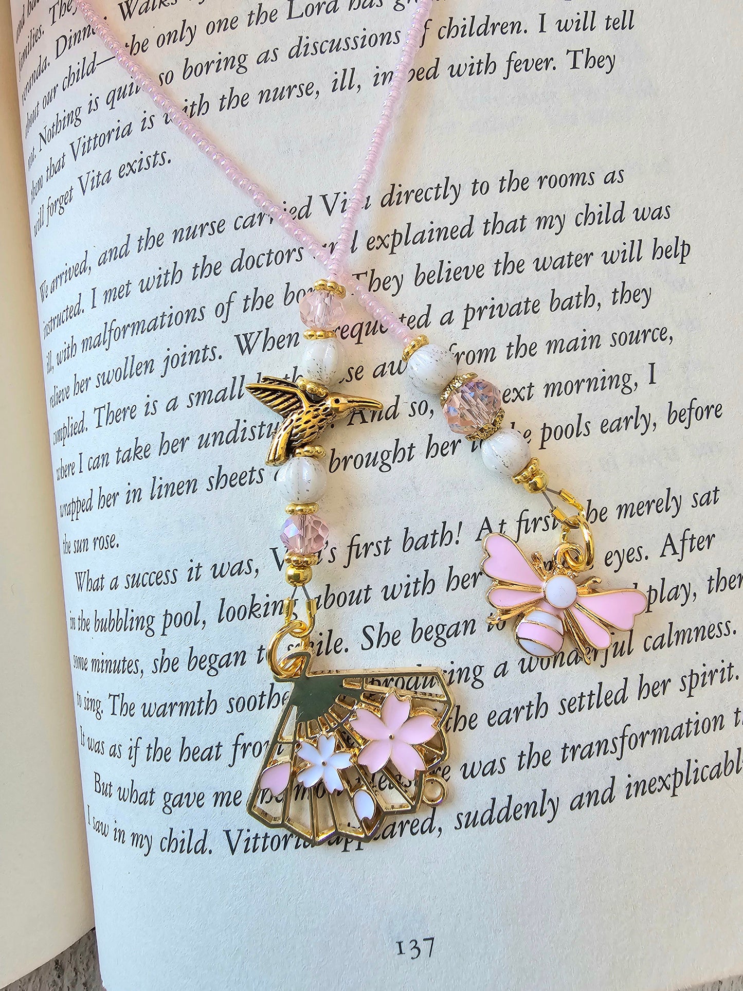 Pollinator Bookmark Gift, Unique Beaded Book Thong, Bee and Hummingbird