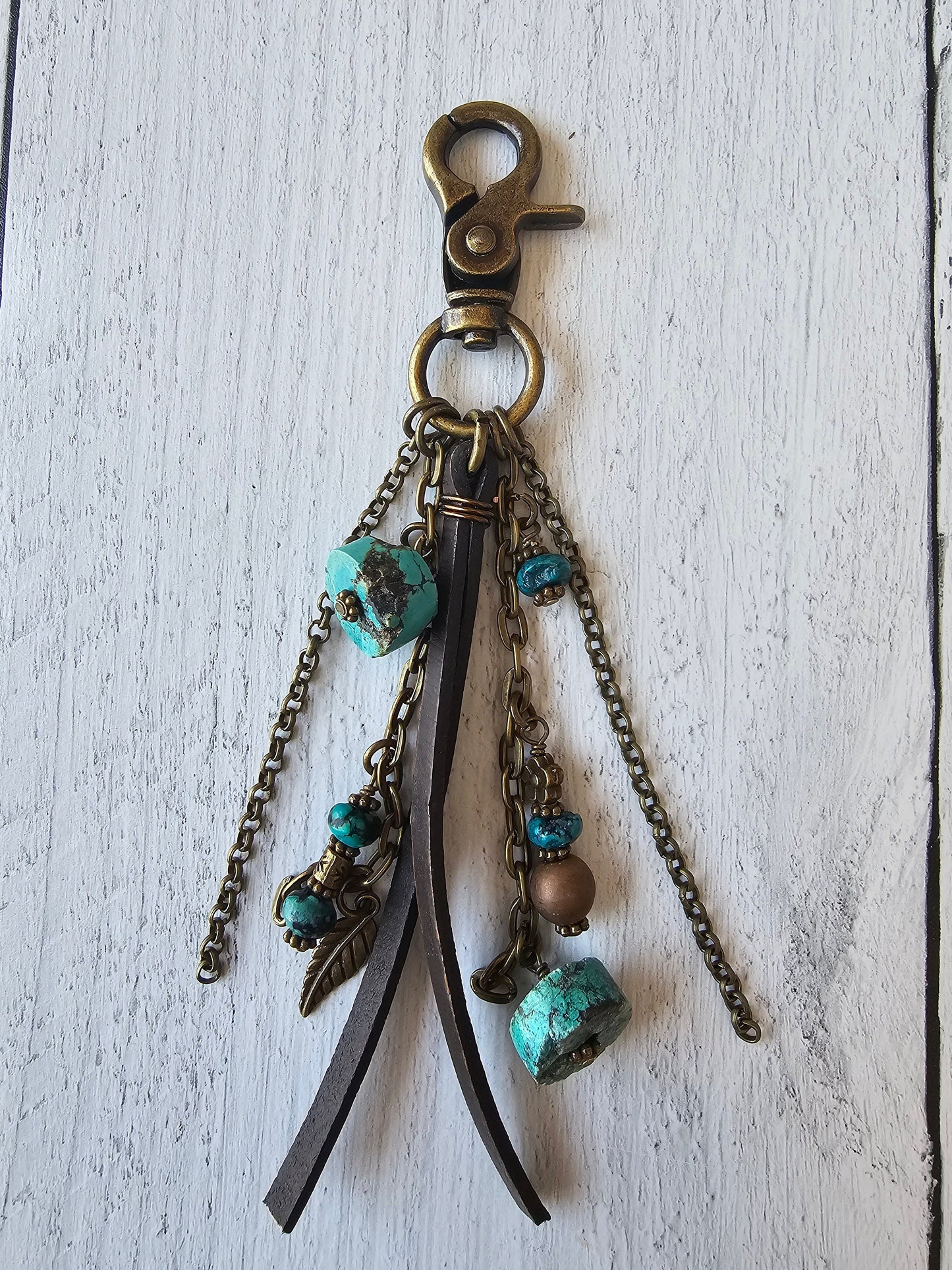 Leather Tassel Bag Charm Featuring Genuine Turquoise Heishi Beads and Beaded Charms