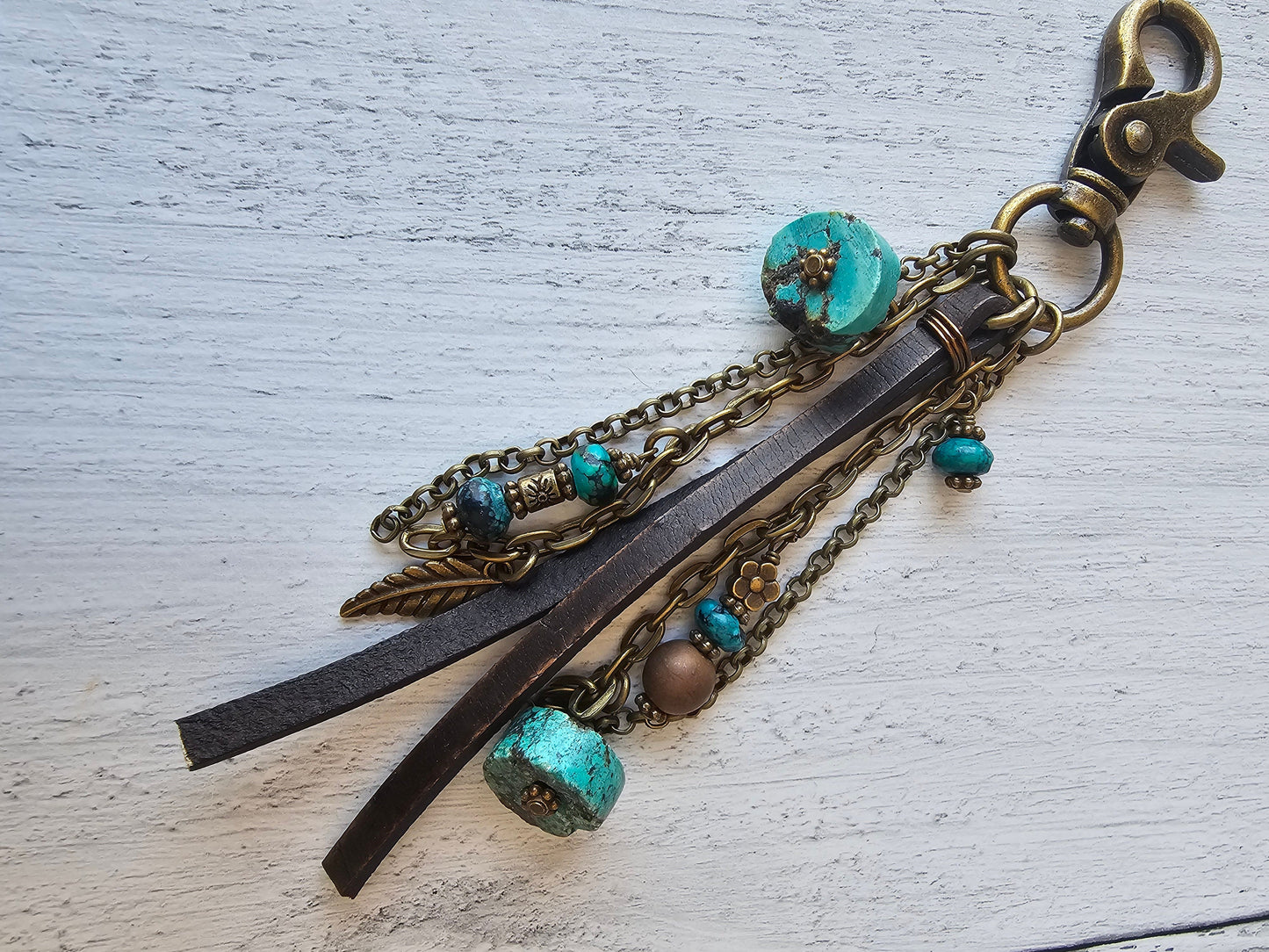 Leather Tassel Bag Charm Featuring Genuine Turquoise Heishi Beads and Beaded Charms