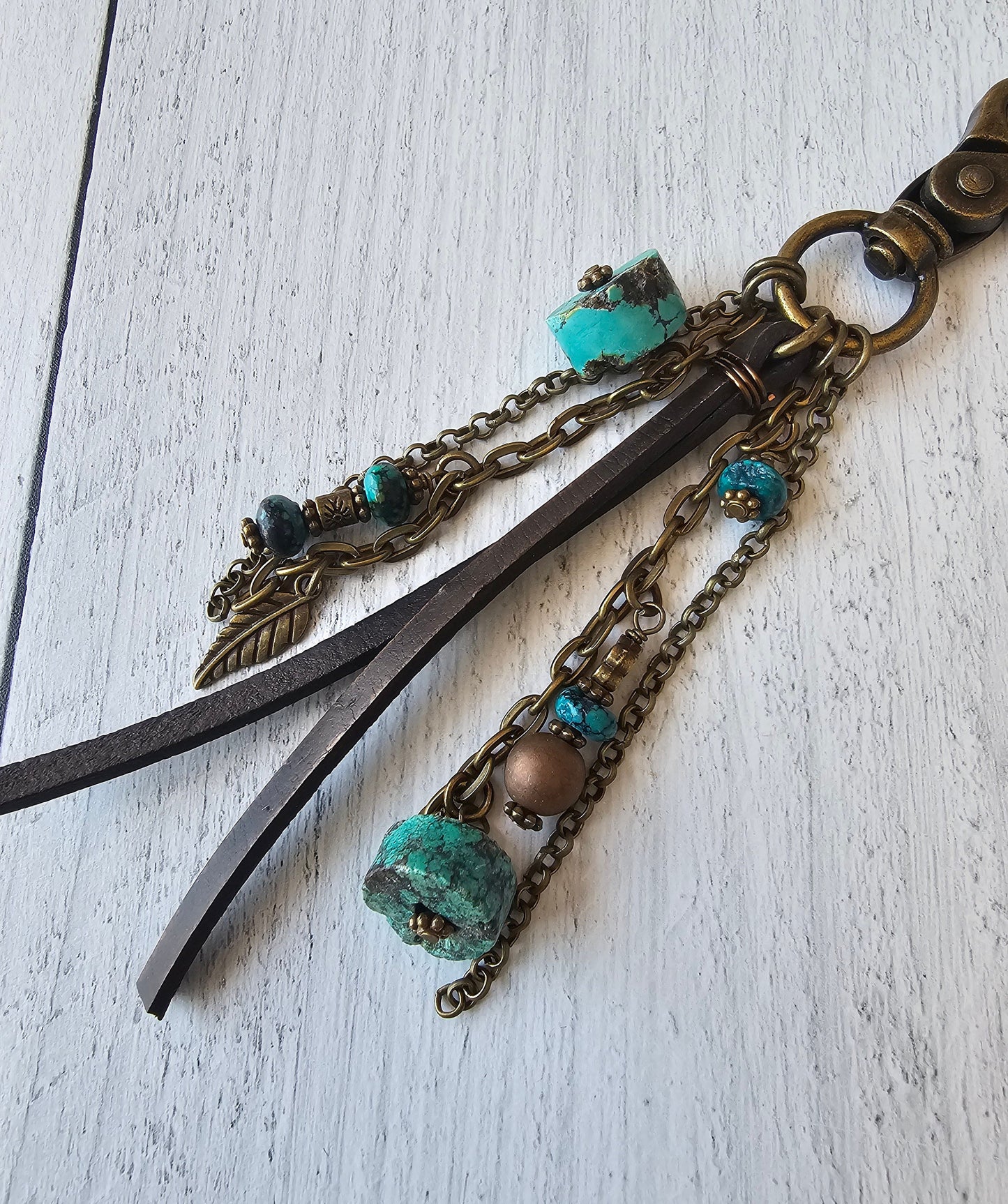 Leather Tassel Bag Charm Featuring Genuine Turquoise Heishi Beads and Beaded Charms