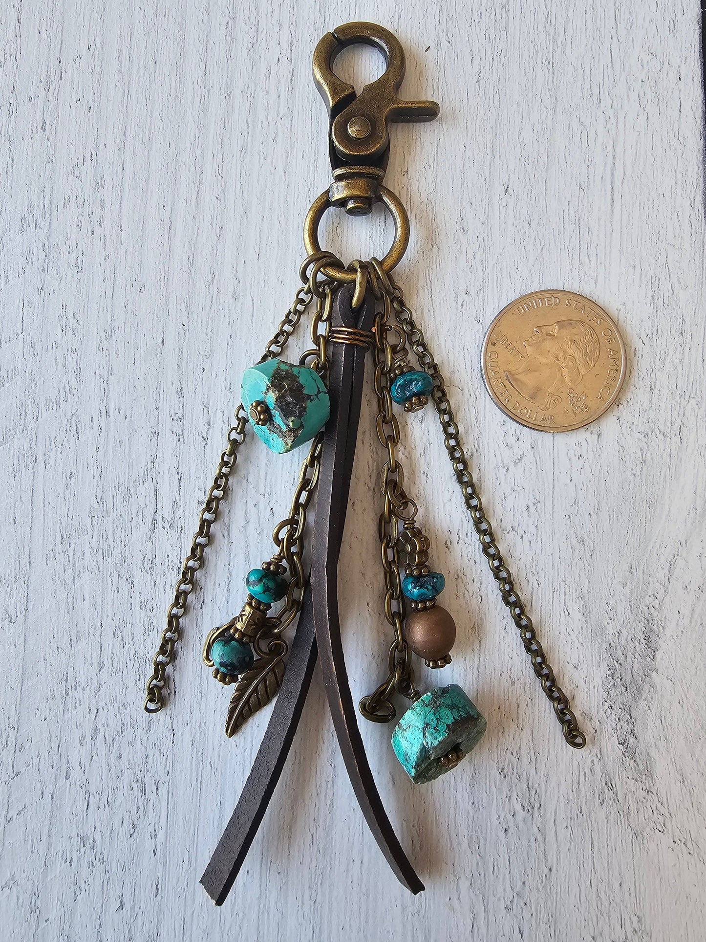 Leather Tassel Bag Charm Featuring Genuine Turquoise Heishi Beads and Beaded Charms