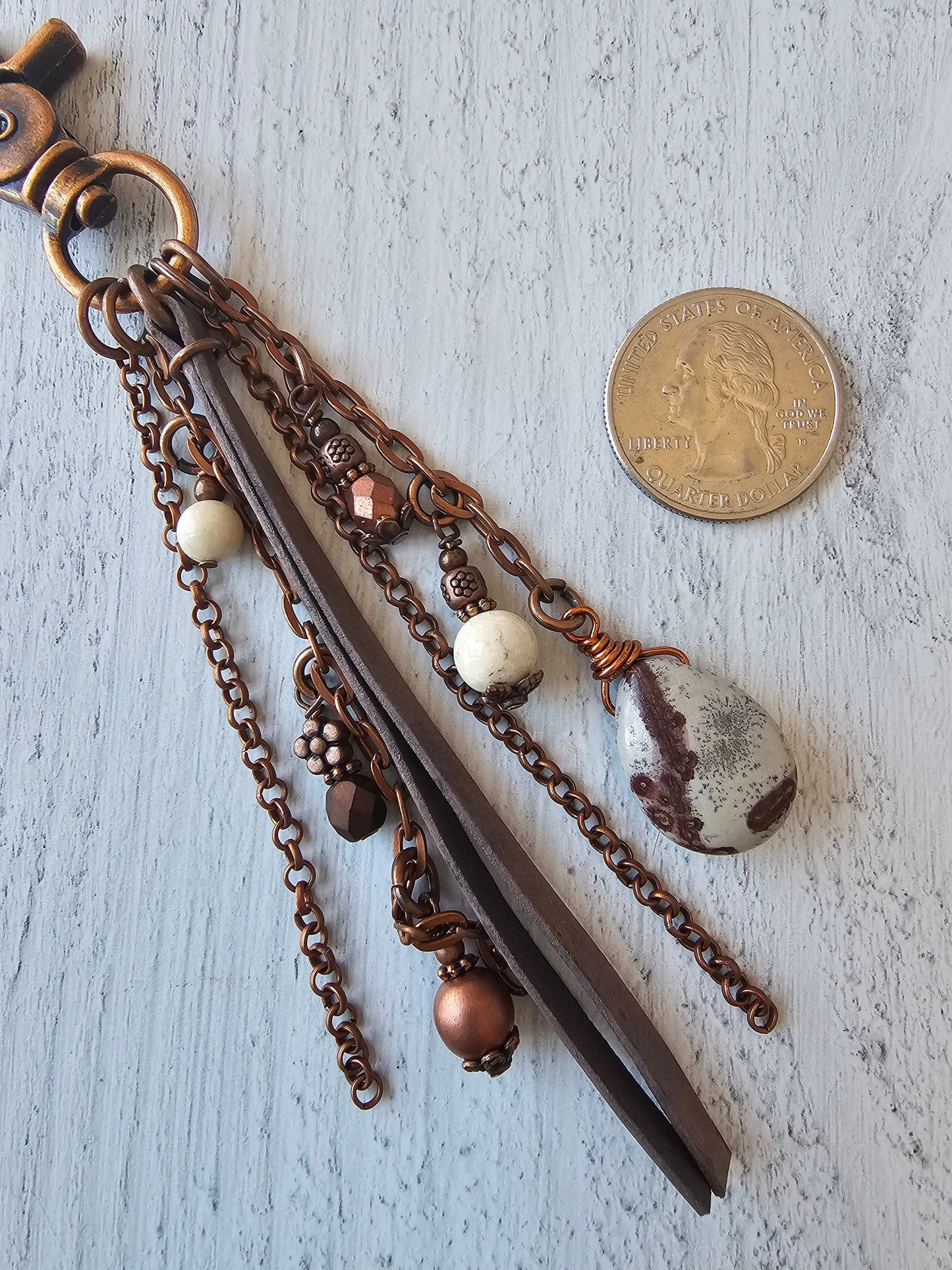 Leather and Copper Plated Tassel Bag Charm Featuring Unique Wild Horse Stone Beads and Beaded Charms