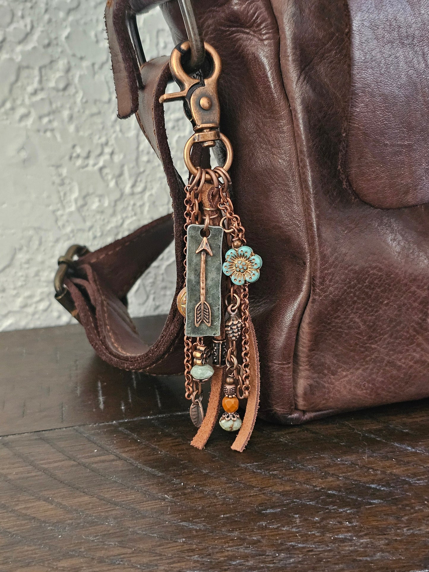 Leather and Copper Plated Tassel Bag Charm With Beaded Charms and Arrow Charm