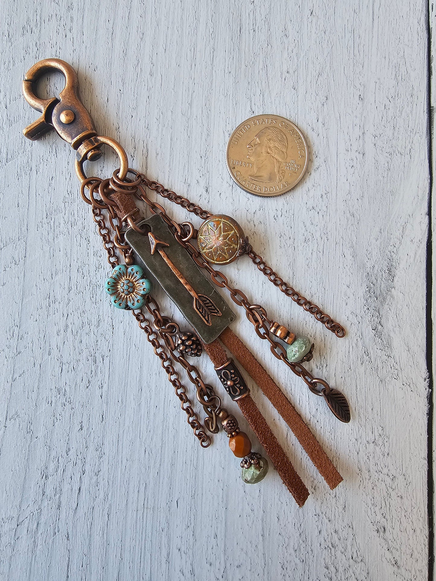 Leather and Copper Plated Tassel Bag Charm With Beaded Charms and Arrow Charm