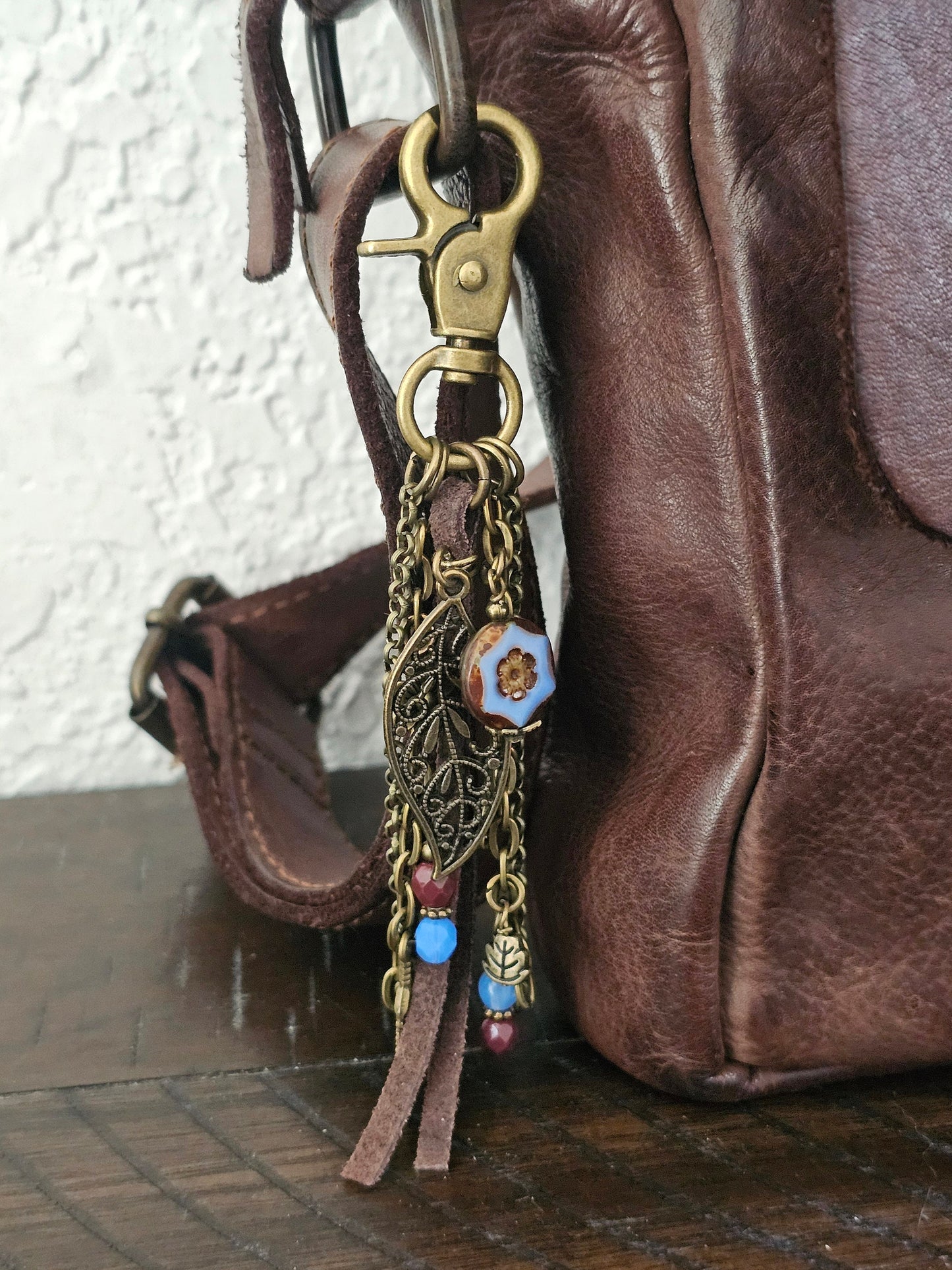 Leather Tassel Bag Charm Featuring Czech Boho Style Flower and Beaded Charms