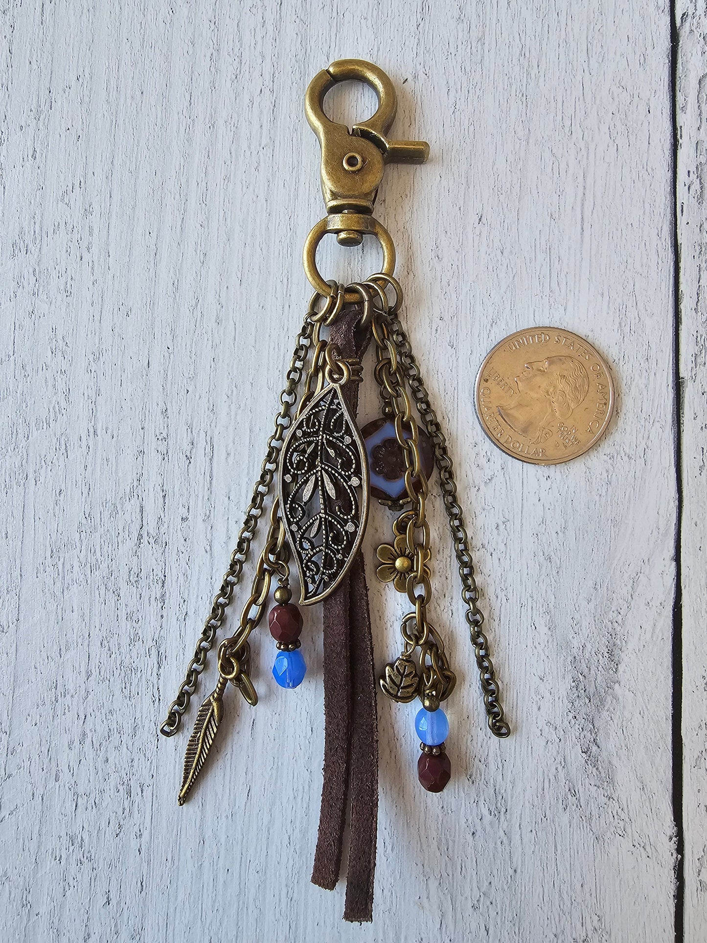 Leather Tassel Bag Charm Featuring Czech Boho Style Flower and Beaded Charms