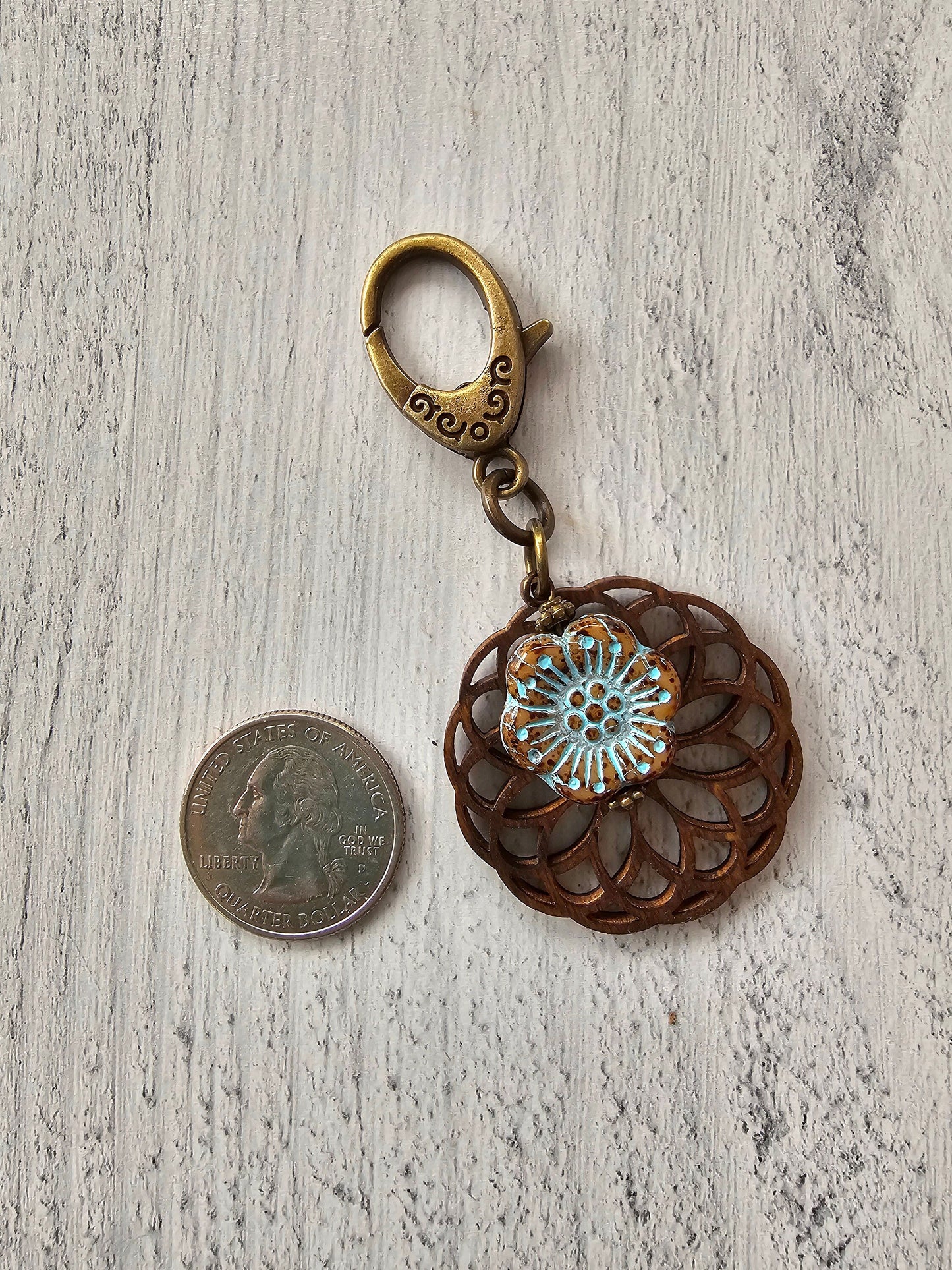 Boho Style Bag Charm, Zipper Pull with Wooden Mandala Charm and Czech Flower