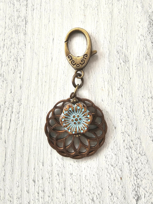 Boho Style Bag Charm, Zipper Pull with Wooden Mandala Charm and Czech Flower