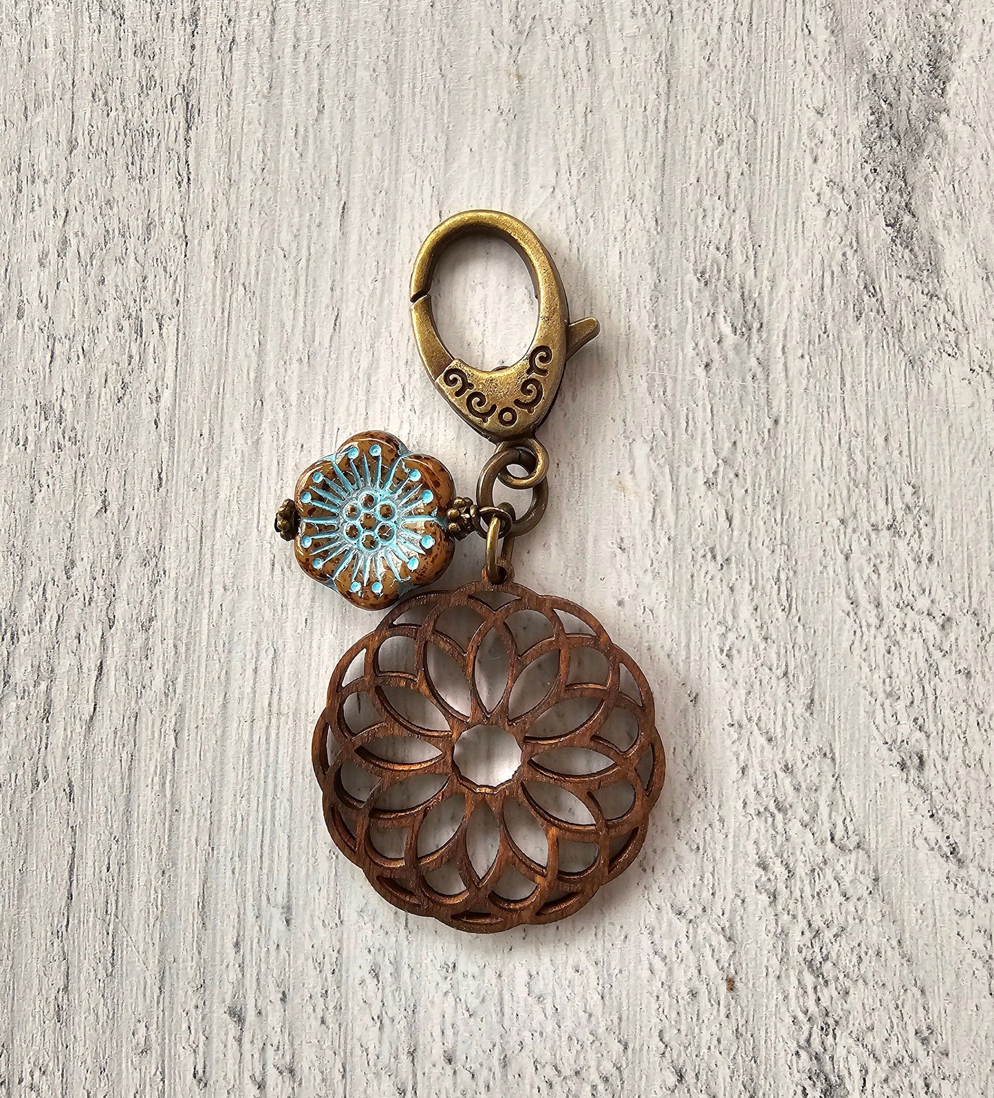 Boho Style Bag Charm, Zipper Pull with Wooden Mandala Charm and Czech Flower