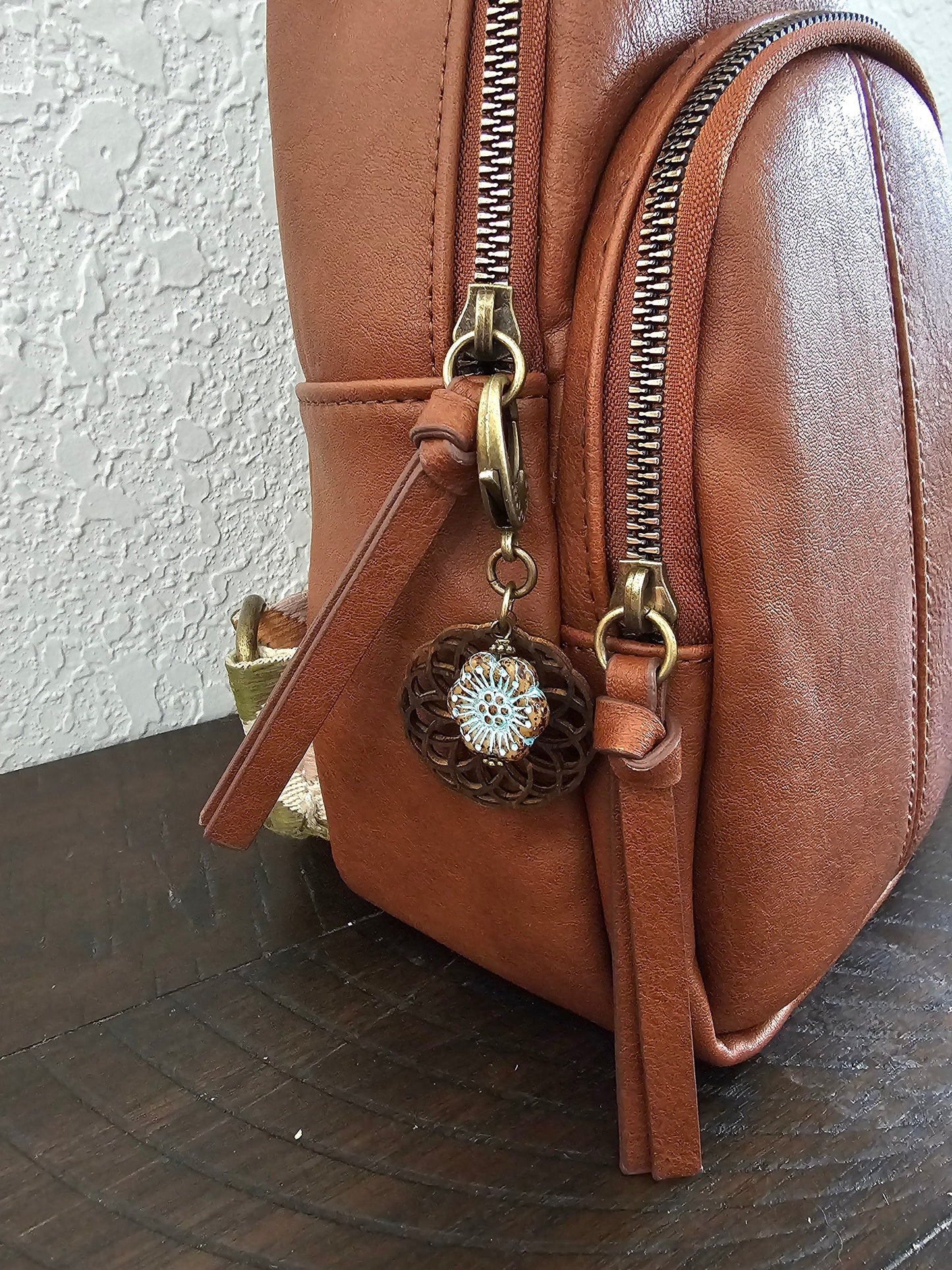 Boho Style Bag Charm, Zipper Pull with Wooden Mandala Charm and Czech Flower